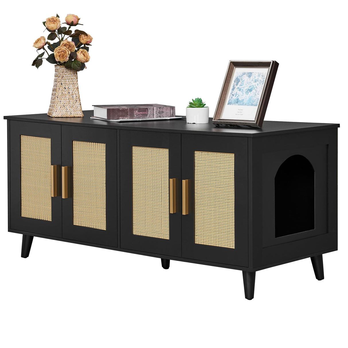 Homhedy Boho Cat Litter Box Enclosure for 2 Cats,Litter Box Furniture Hidden with Double Rattan Decorated Doors,Wooden Cat Washroom Furniture,Cat House,47.2”L x 19.7”W x 21.7”H, Black Homhedy