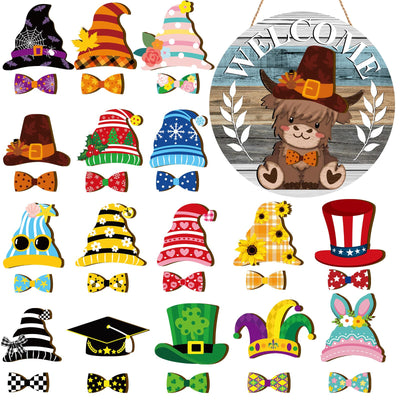 GlikCeil 33 Pcs Christmas Interchangeable Highland Cow Welcome Sign Highlands Cow Seasonal Hanging Door Decor Wooden Interchangeable Door Sign for Christmas Farmhouse Holiday Decor(Colorful Grain)