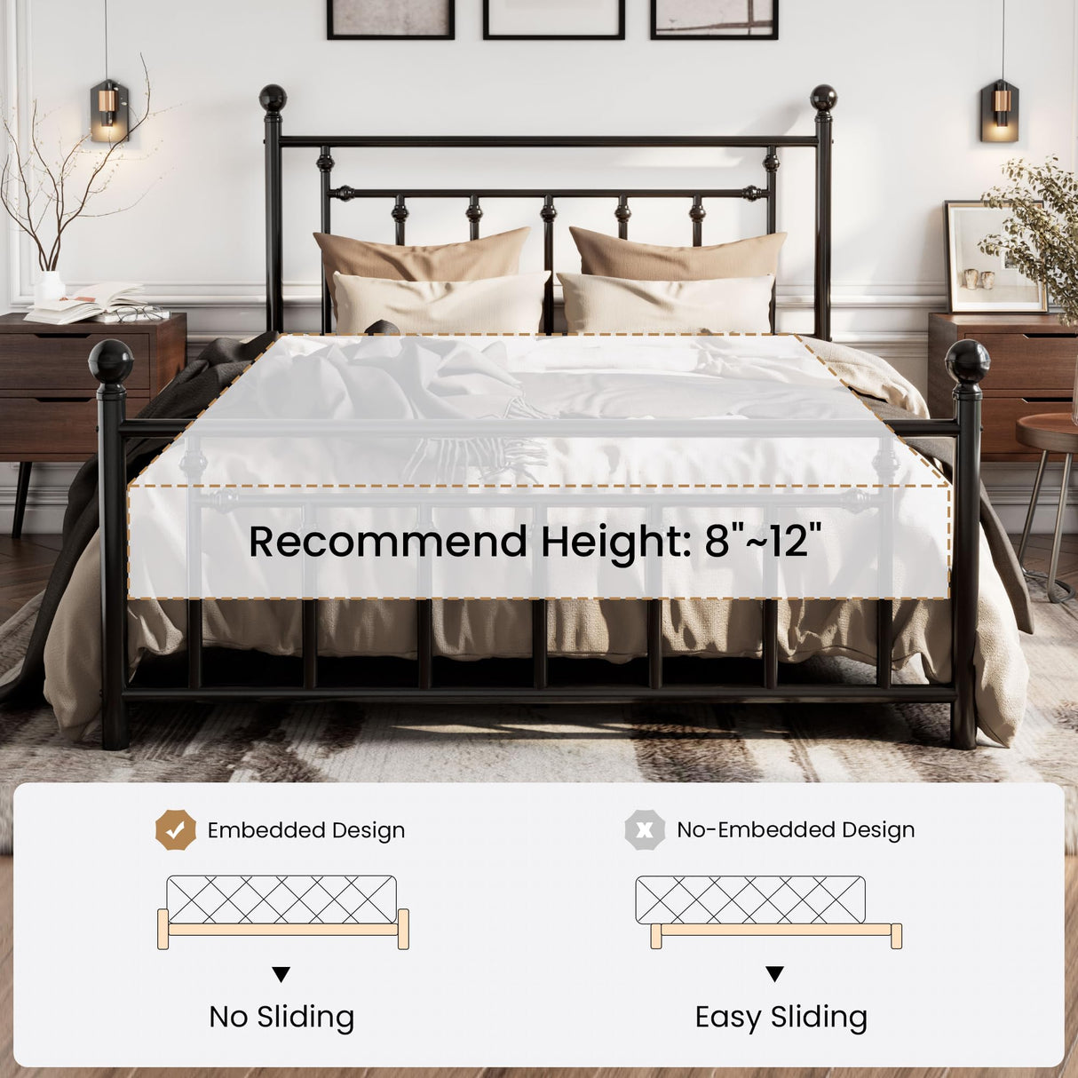 SHA CERLIN 14'' Queen Size Metal Platform Bed Frame/Victorian Headboard and Footboard/Steel Slats Mattress Foundation for Storage/No Box Spring Needed/Noise Free/Black SHA CERLIN