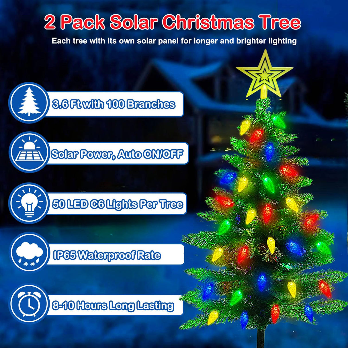 2-Pack 3.6FT Solar Christmas Tree Outdoor Christmas Decorations, 8 Modes Solar Xmas Tree Lights with 100 LED, Waterproof Solar Christmas Lights for Yard Front Porch Pathway Grave Cemetery Decor Ohwewant