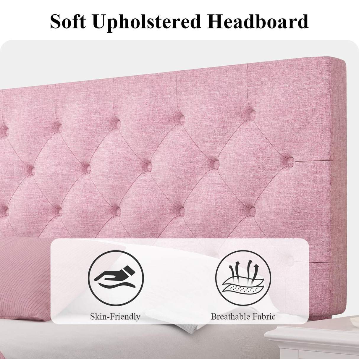 HOMBCK Queen Bed Frame with Headboard, Linen Fabric Upholstered Bed Frame Queen, Wood Slats Support, Button Tufted, No Box Spring Needed, Pink HOMBCK