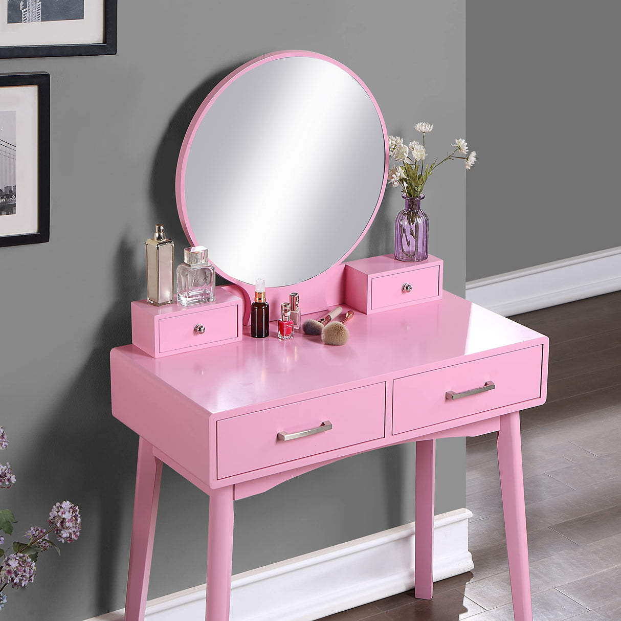 Roundhill Furniture Liannon Contemporary 4-Drawer Wood Vanity and Stool Set, Pink Roundhill Furniture