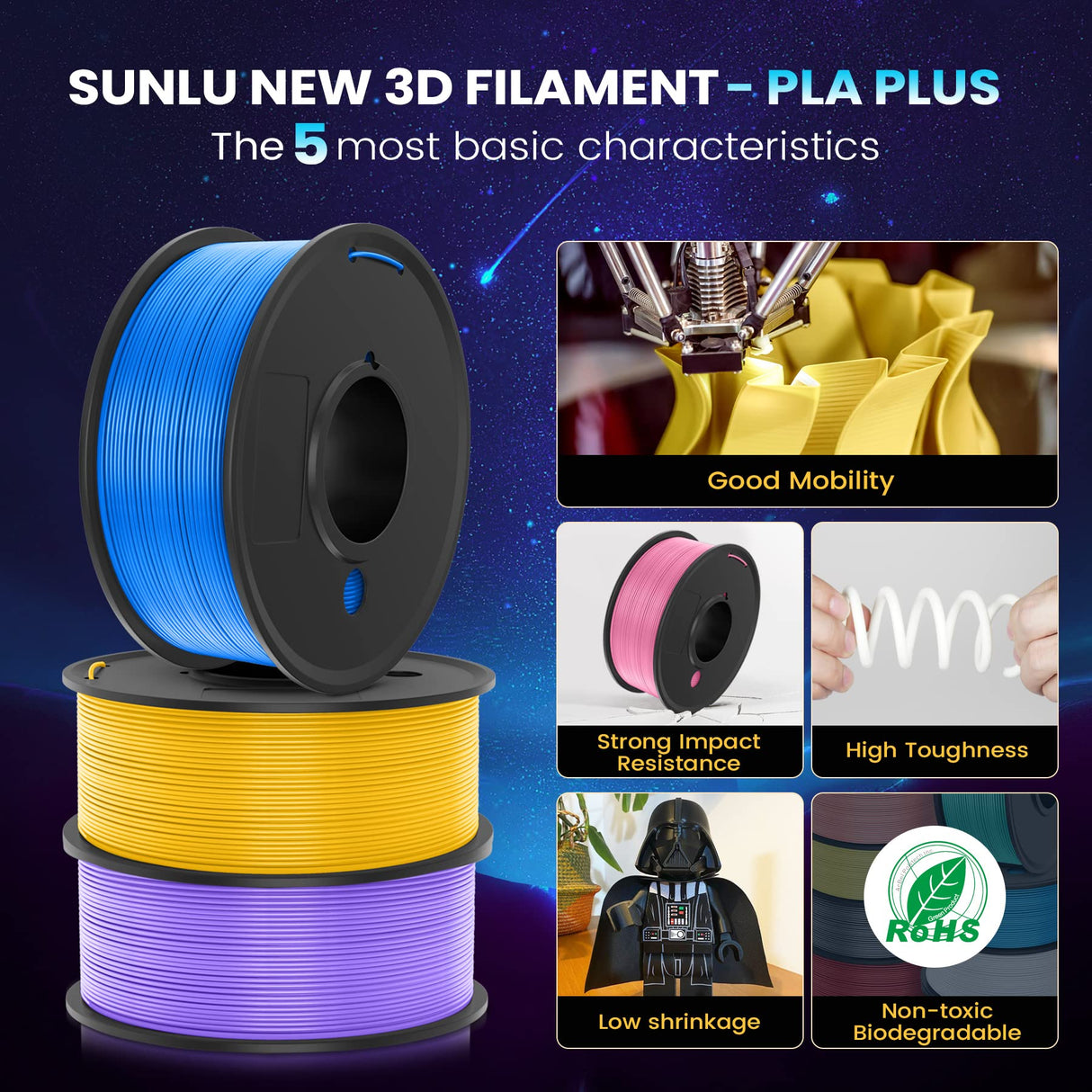SUNLU 3D Printer Filament Pack, 0.25kg Each Spool, Total 2kg, Mini Spool, PLA+ Filament 1.75mm, 8 Packs, Black+White+Grey+Blue+Green+Red+Orange+PureYellow SUNLU