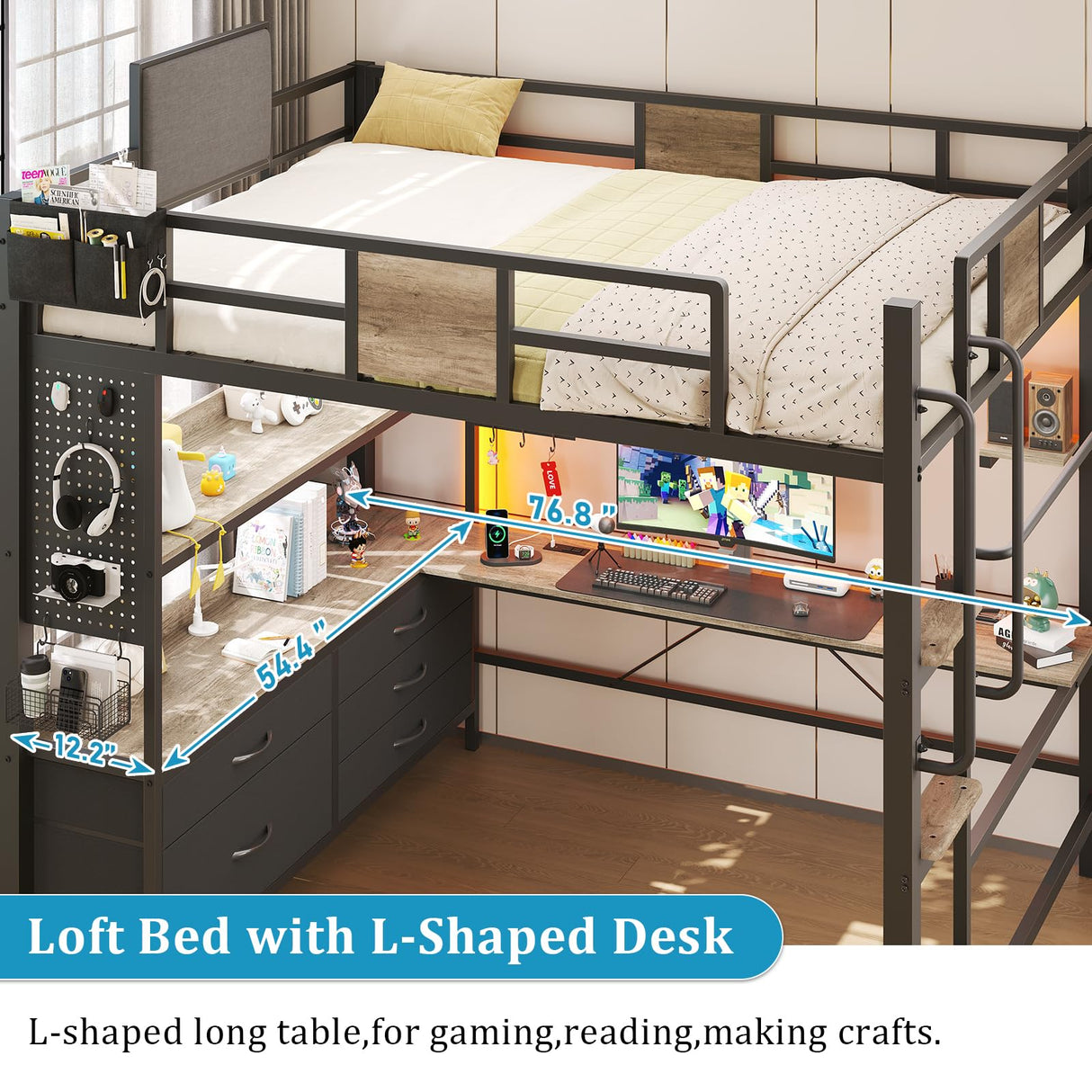 busyaeh Loft Bed Full Size with 5 Drawers & 3 Open Shelves and Charging Station,Full Size Loft Bed with Desk & LED Lights and Thickened Tread Stairs,Loft bed Space-Saving,No Box Spring Needed,Oak Gray busyaeh