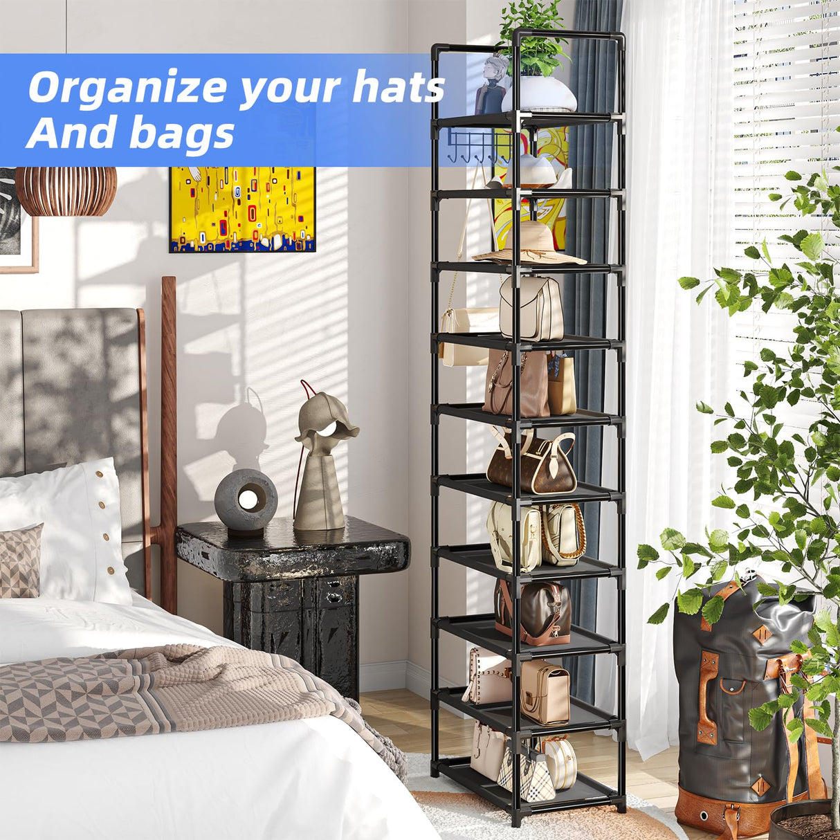 Simple Trending Shoe Rack for Closet, 10 Tiers Narrow Shoe Shelf Holds 20 Pairs, Shoe Organizer Storage with Hooks, Black Simple Trending