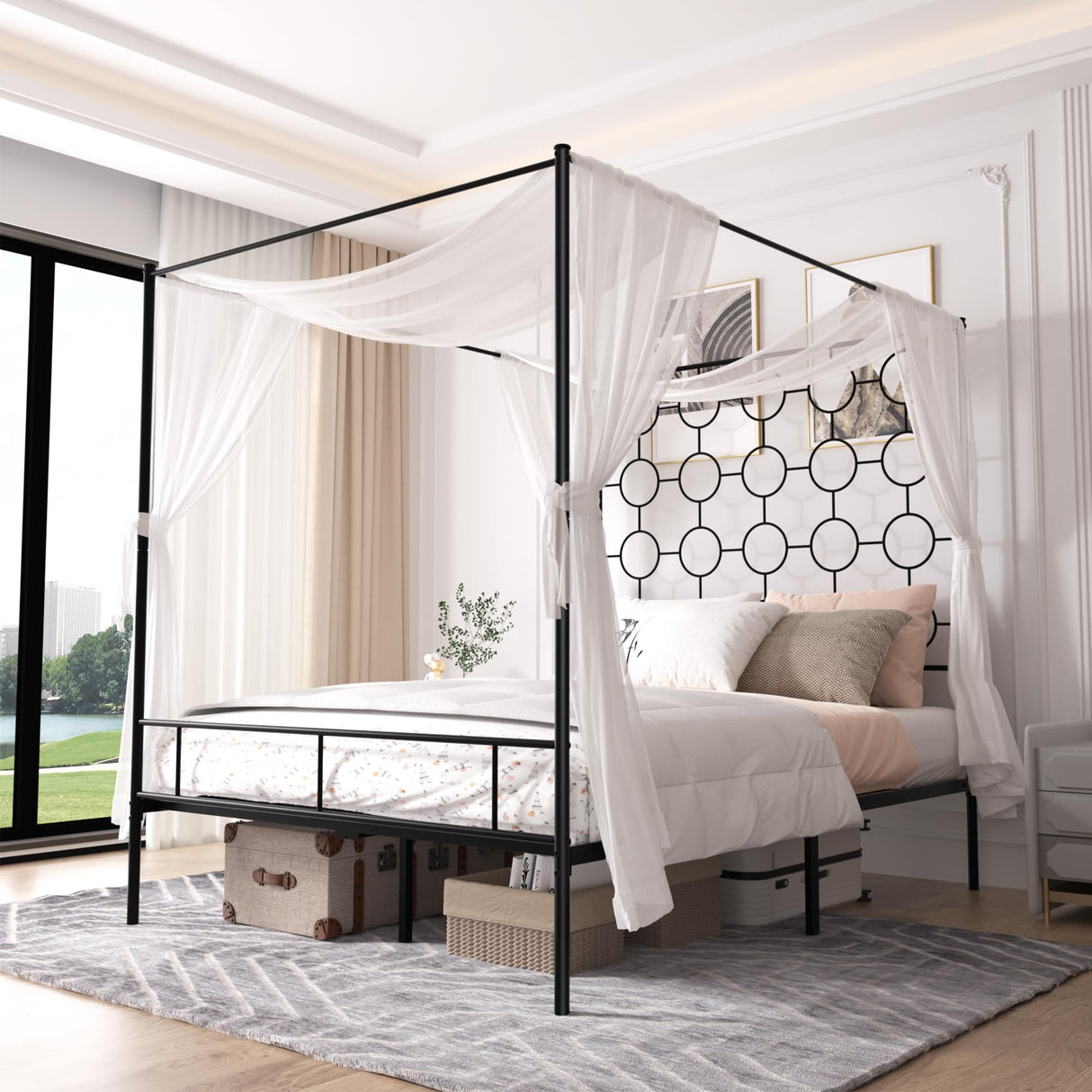 PAUKIN Black Metal Canopy Bed Frame Queen/Mattress Foundation with Steel Slat Support/No Box Spring Needed/Easy Assembly (Black, Queen) PAUKIN