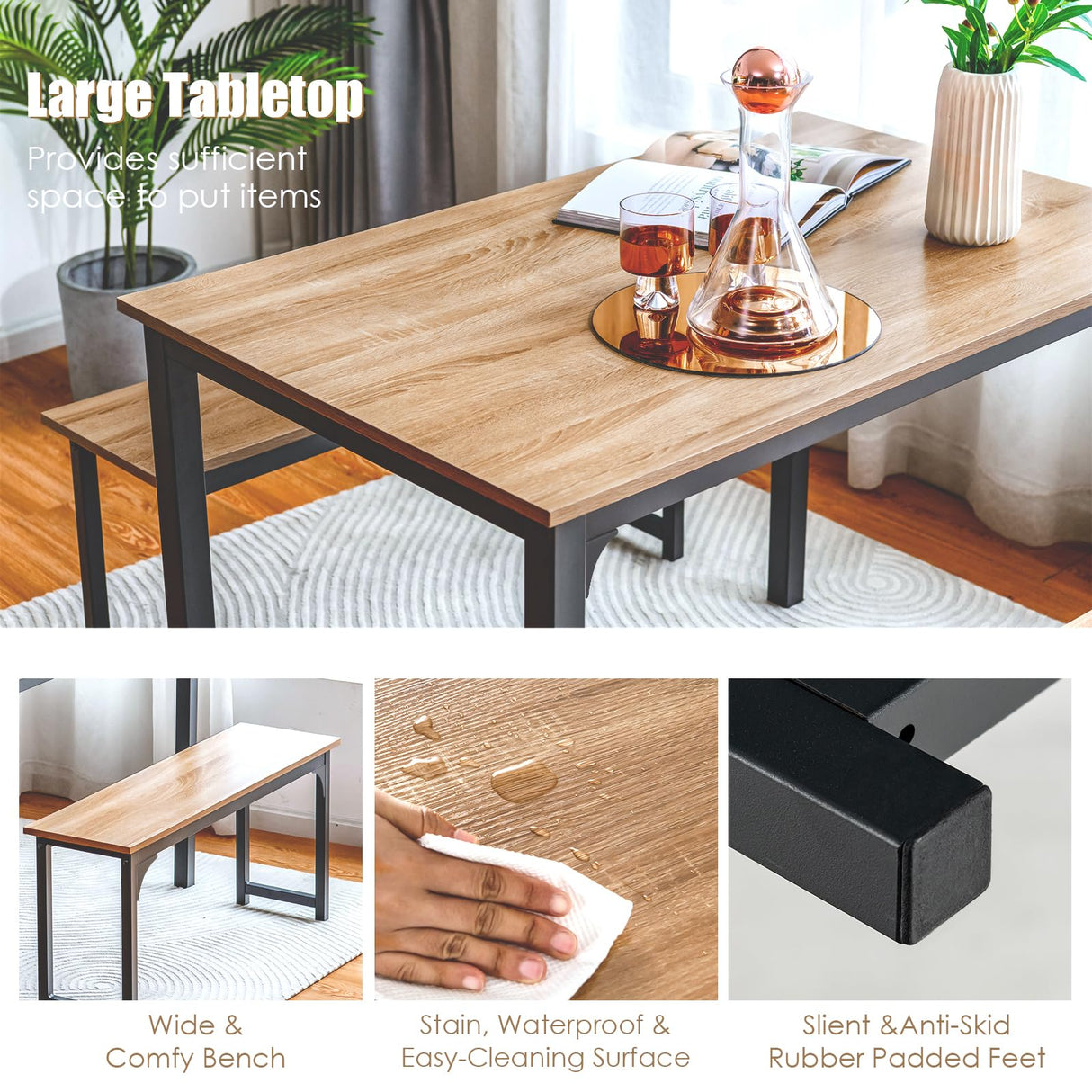 NAFORT 3-Piece Dining Table Set for 4, 43.5" Modern Kitchen Table Set w/2 Benches & Metal Frame, Space Saving Dining Room Table Set with MDF Wood Board, Ideal for Home, Restaurant, etc. NAFORT