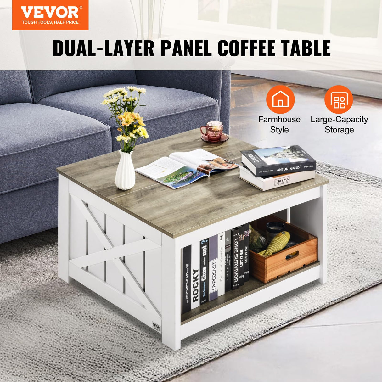 VEVOR 31.5" Farmhouse Coffee Table, Square Coffee Table with Open Storage Compartment, Wooden Rustic Cocktail Table for Living Room, Bedroom, Apartment, Studio, Grey & White VEVOR