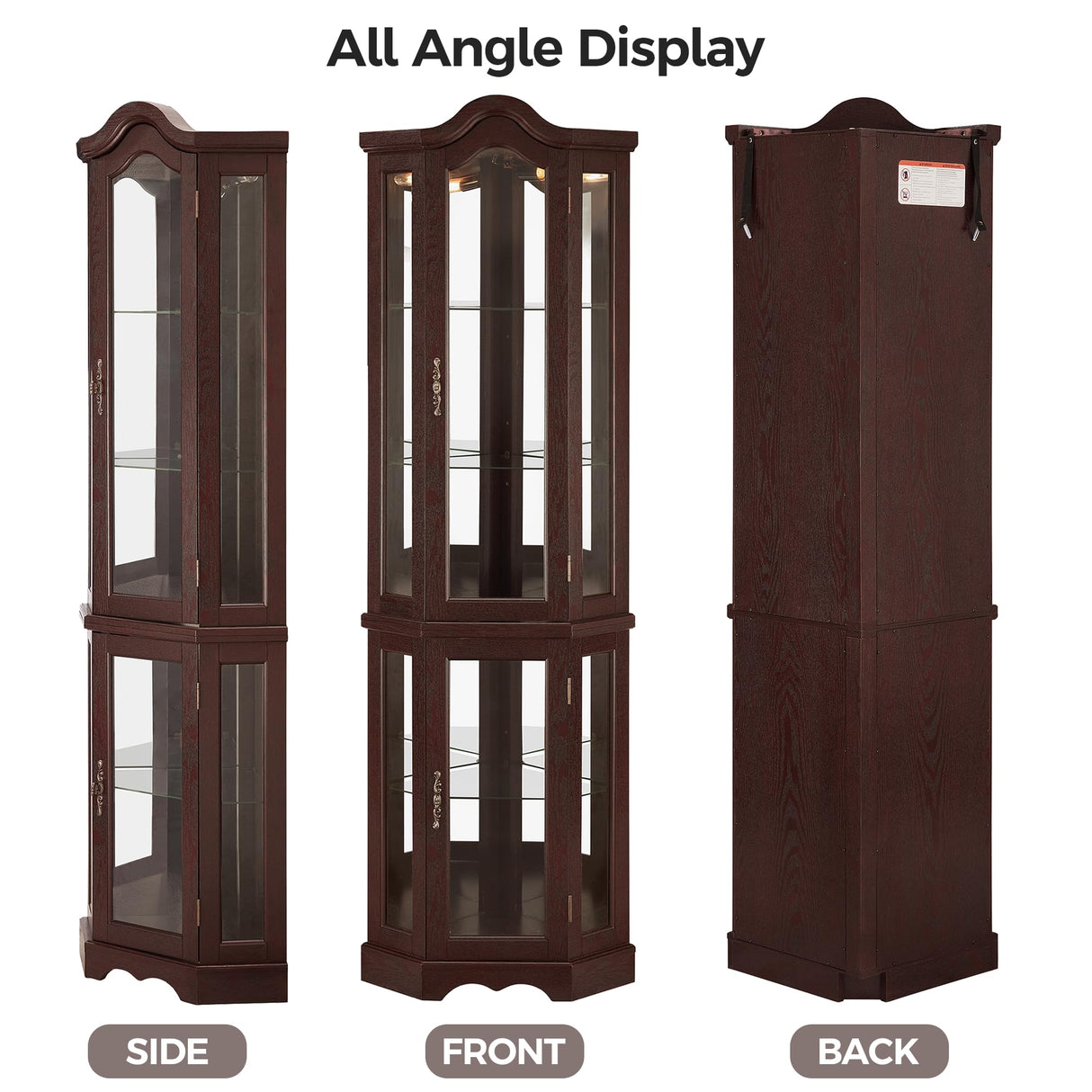 Trygoal 70" H Lighted Corner Curio Cabinet, Curved Wood Corner Cabinet with Tempered Glass Doors, Glass Display Case with Bulb for Living Room, Bedroom, Dark Cherry Trygoal