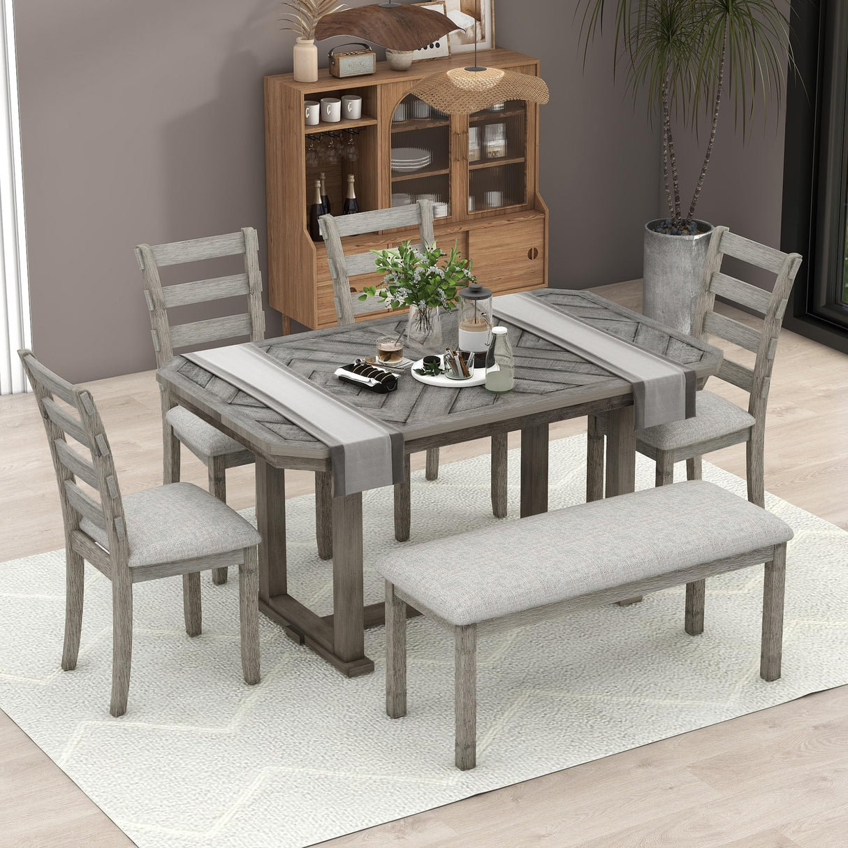 LUMISOL Farmhouse Dining Table Set, 6Pc Kitchen Table Set with 4 Upholstered Chairs & Bench, Solid Wood, Distressed Gray, 60x36 inches, 550LBS Weight Capacity LUMISOL