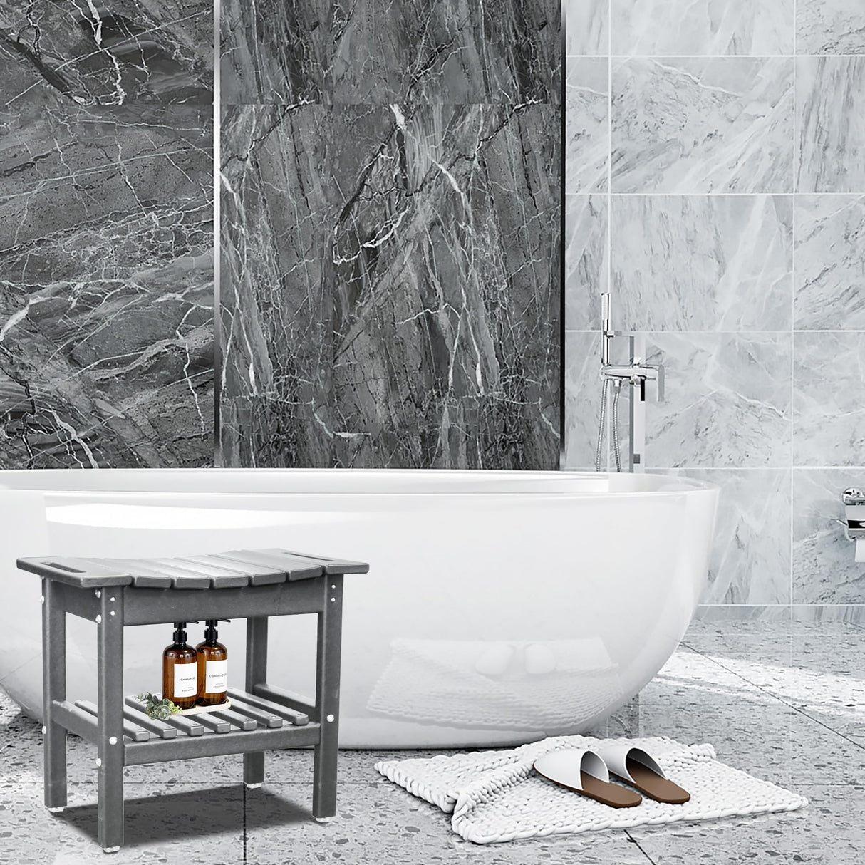 Restcozi HDPE Shower Bench Inside Shower Stool with Space-Efficient Storage Shelf, Shower Bath Chairs Spa Stool for Bathroom - Great for All Ages Unisex Elderly (Grey, Large & 19.3 * 11.8 * 17.3) Restcozi