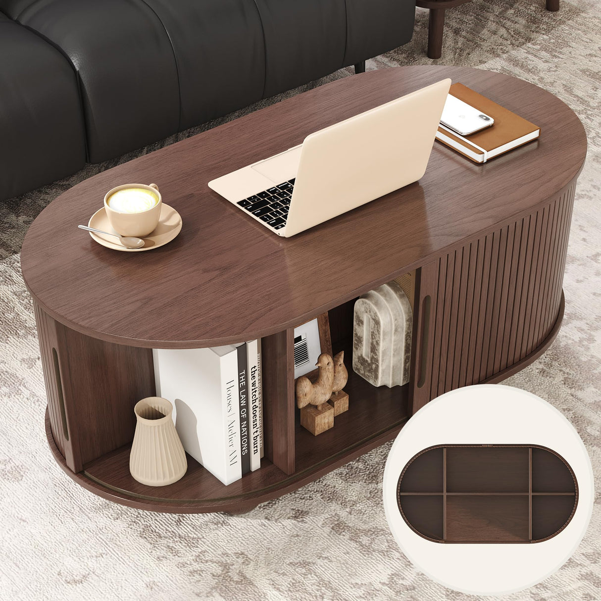 Alohappy Oval Coffee Table, Mid Century Modern Coffee Table with Sliding Tambour Doors, Fluted Center Table with Hidden Storage for Living Room, Dining Room, Apartment, Home Office, Dark Brown Alohappy