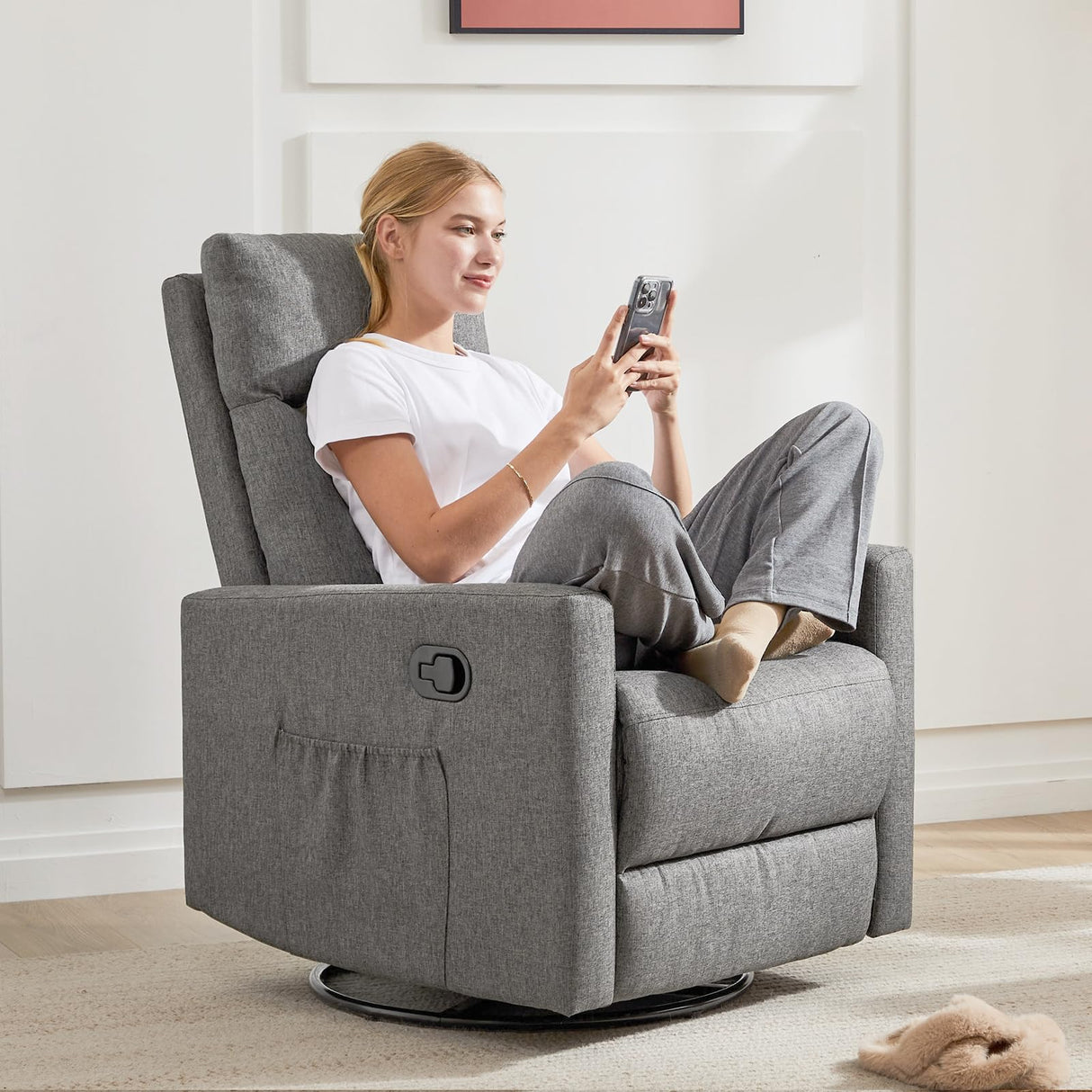 Sweetcrispy Recliner Chair, 360 Swivel Rocker Chair for Adults, Glider Rocker Recliners, Nursery Chairs for Living Room, High Back, Upholstered Deep Seat, Grey Sweetcrispy