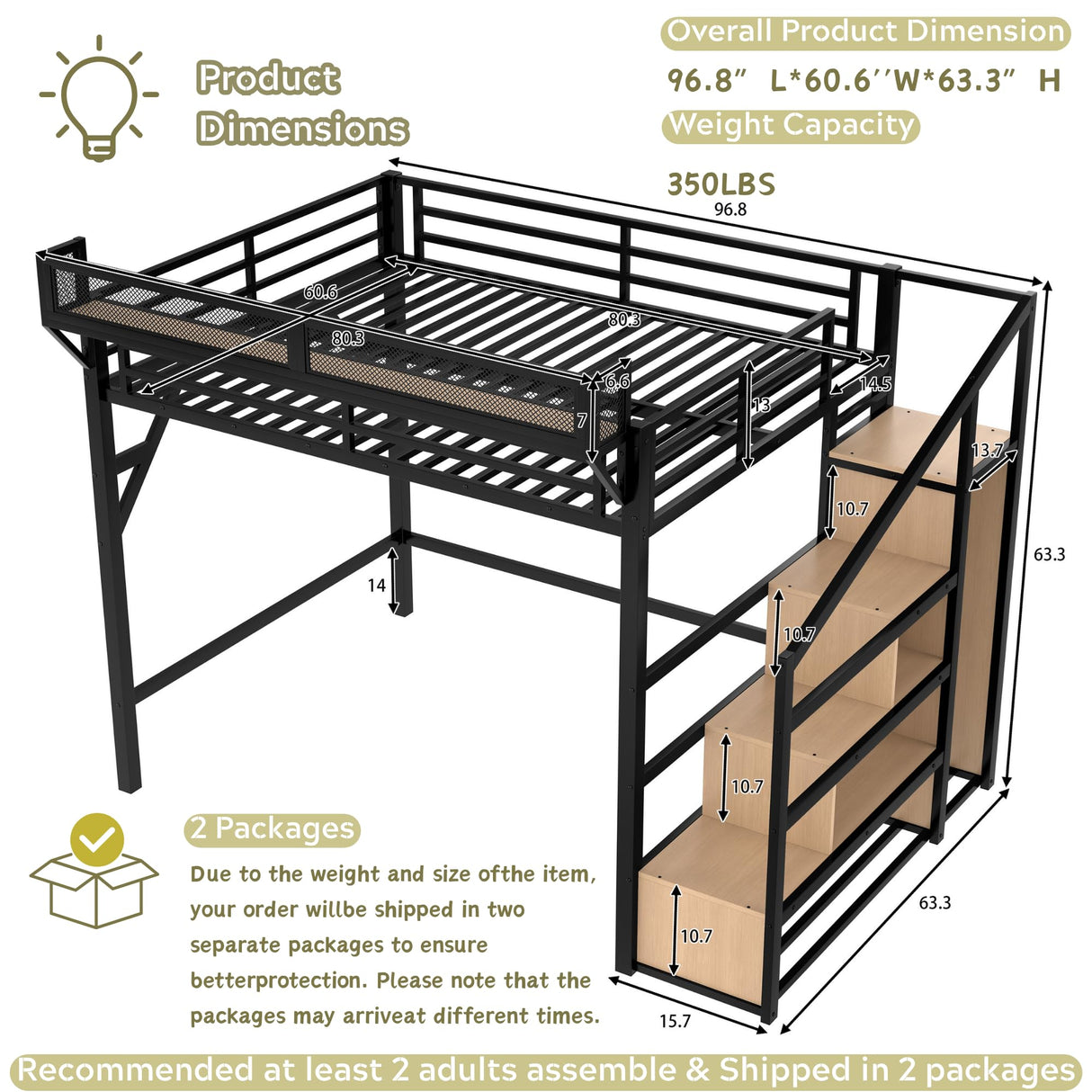 Queen Loft Beds with Storage Beside Shelves and Wardrobe, Metal Loft Bed Queen with LED Lights and USB Ports, Heavy-Duty Loft Bed Frame for Teens, Adults, Noise-Free & Space-Saving, Black Bellemave