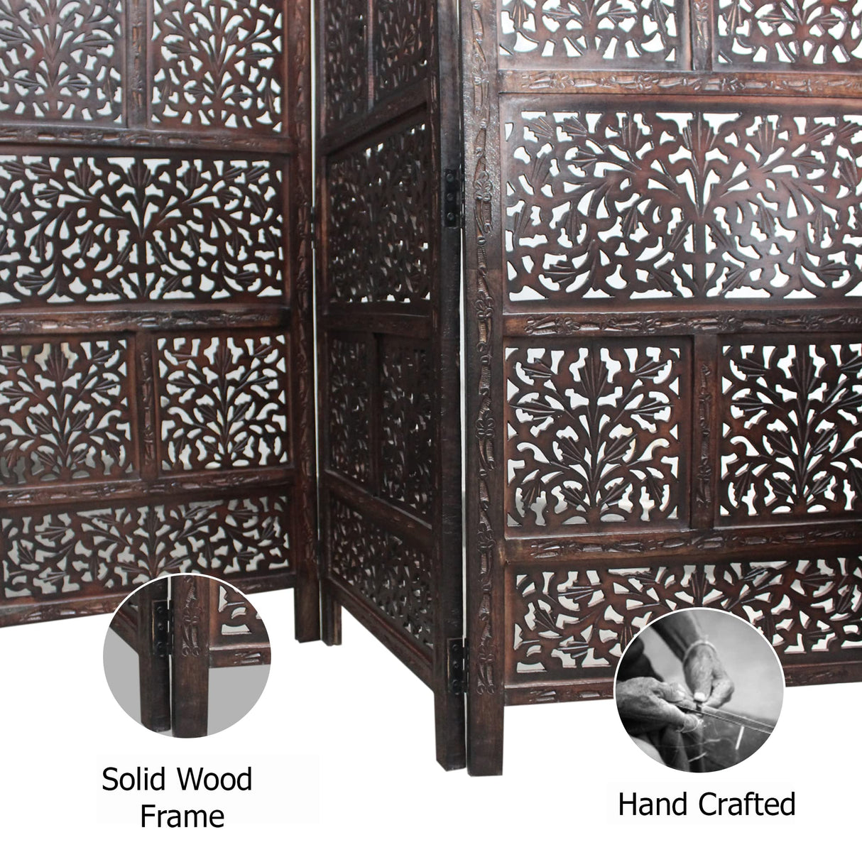 Room Divider Wood Screen - Mahanadi Antique Brown - 4 Panel Folding 72x80 - Wooden Hand Carved Screen Decorative Functional Versatile - Small Spaces Reversible Privacy Partition - COTTON CRAFT COTTON CRAFT