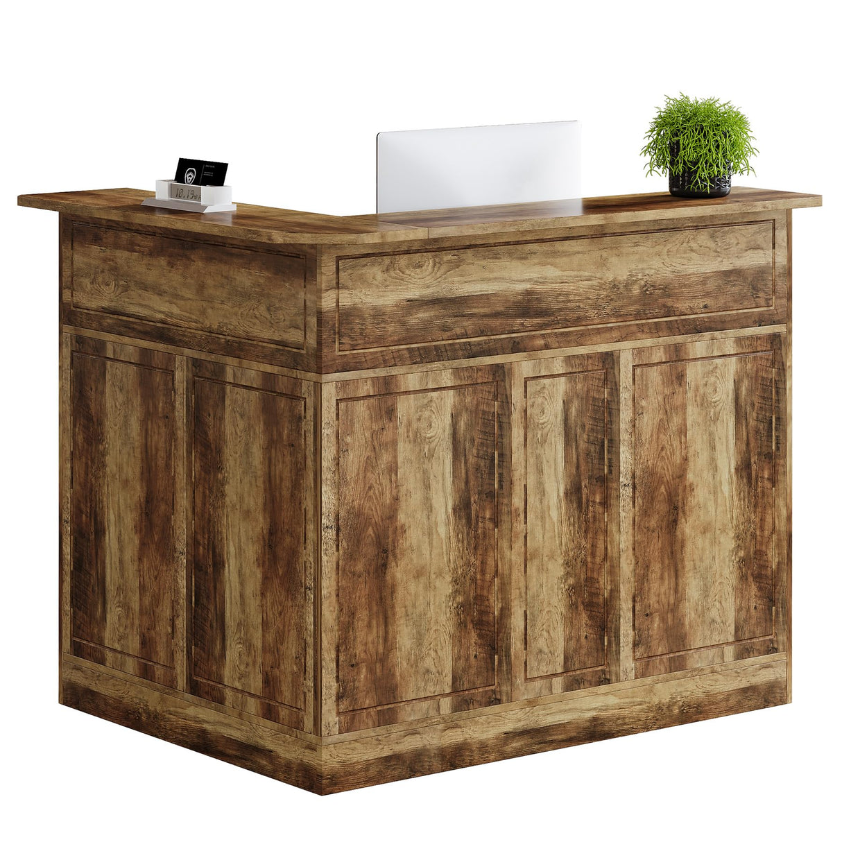 Tribesigns Reception Desk with Storage Shelves, L-Shaped Modern Front Desk, Reception Counter Table for Small Office, Salon, Checkout Office (Brown) Tribesigns