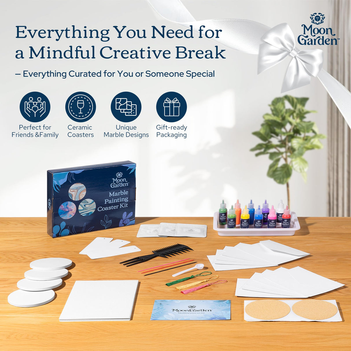 MoonGarden Marble Painting Coaster kit - Marble Painting Kit for Adults - 12 Color Paints, Ceramic Coasters, Bookmark Paper and Cardstock Paper - Relaxing and Creative DIY Activity Moon Garden