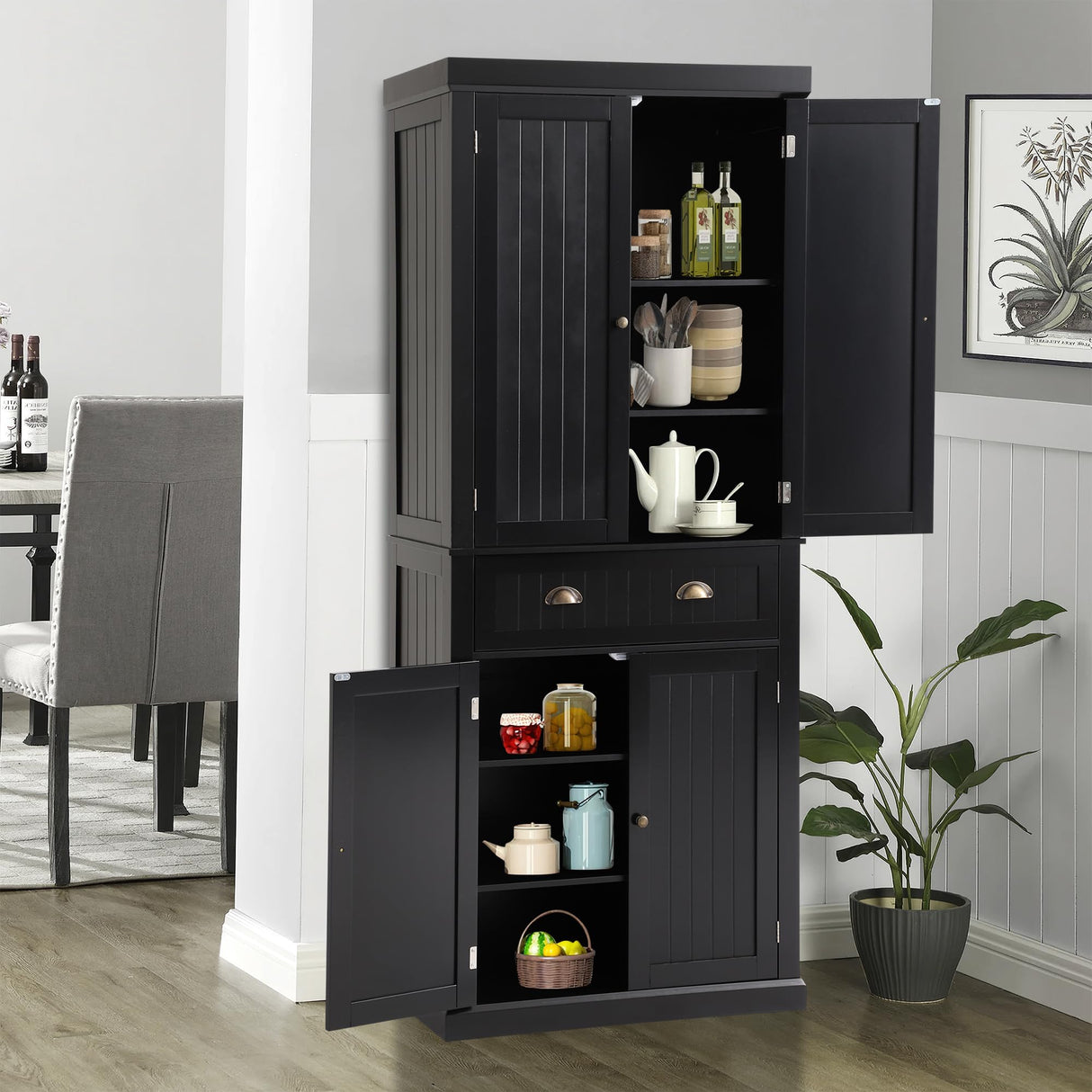 YOCONYO 72" Kitchen Pantry Cabinet, Freestanding Storage Cabinet with 4 Doors, Adjustable Shelves for Kitchen, Living Room and Dinning Room,Black YOCONYO
