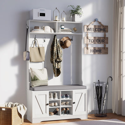 spanspace 71" Hall Tree with Bench and Shoe Storage, Entryway Hall Tree with 2 Doors and 6 Adjustable Shelves, Cushioned Mudroom Storage Bench with Coat Rack for Hallway and Living Room