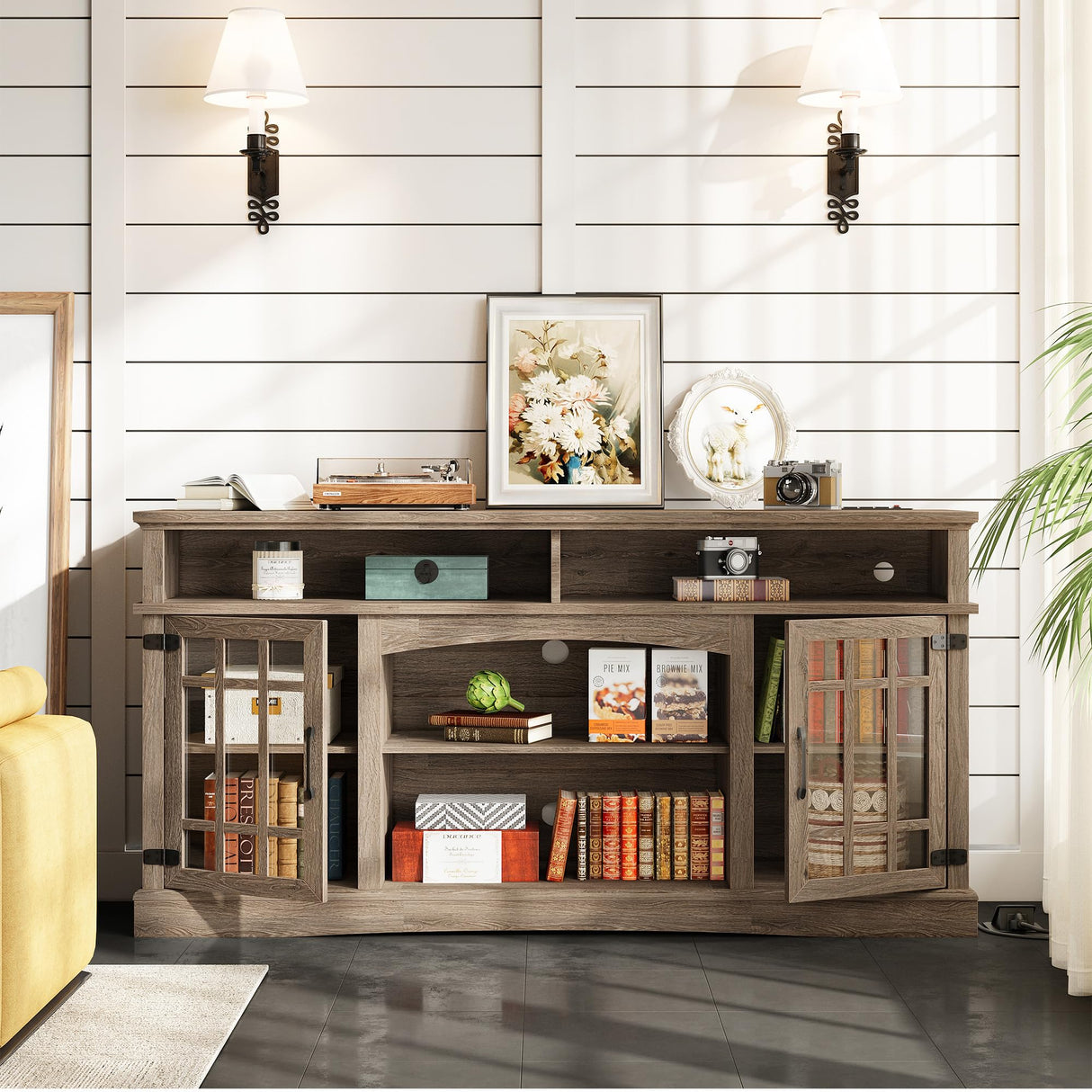 IRONCK Farmhouse TV Stand for 65 Inch TV, 32“Tall Entertainment Center with Power Outlets, Rustic TV Cabinet with Glass Door Media Console, TV Console for Living Room, Light Rustic Oak IRONCK