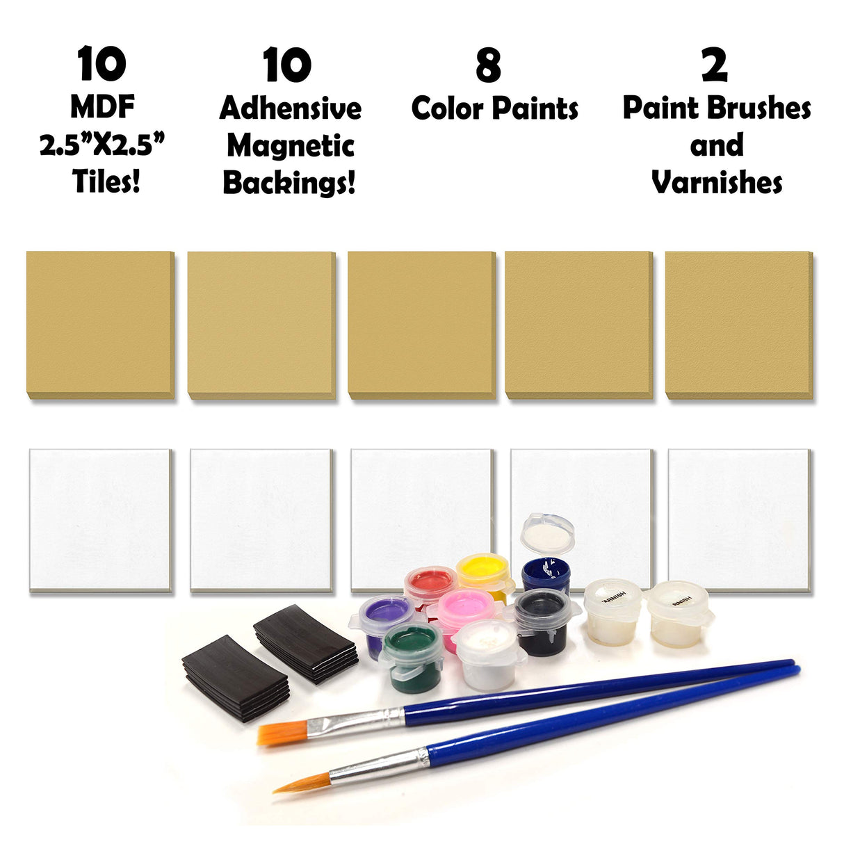 VHALE Paint Your Own Magnetic Fiberboard Tile Art, 10 Sets of MDF Tiles (2.5 x 2.5 inch) with Non Scratch Magnets, Fridge and School Locker Decor, Classroom Arts and Crafts, Party Favor for Kids VHALE
