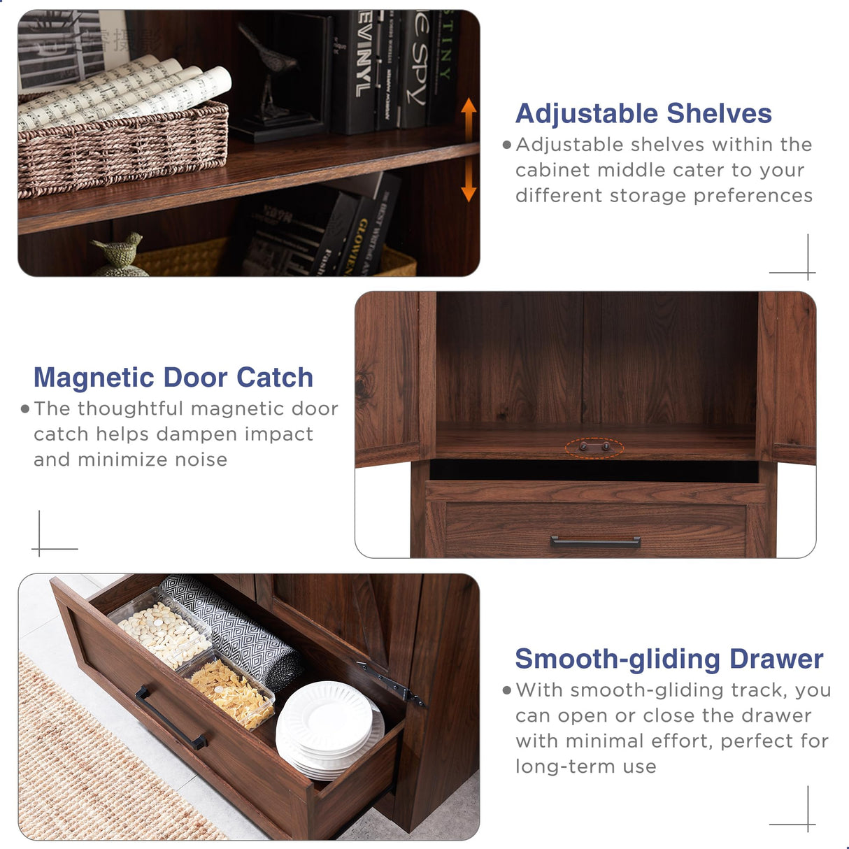 Farmhouse Style 72" Tall Storage Cabinet with Adjustable Shelves, Drawer & Barn Doors in Antique Brown JXQTLINGMU