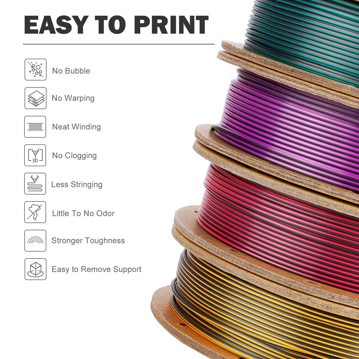 ERYONE Silk Tri-Color Coextrusion PLA Filament,3D Printer 1.75mm +/- 0.03mm, Triple Color Filament 0.25kg/spools,4Pack(2.2lbs), Red/Gold/Black, Gold/Purple/Black, Blue/Purple/Black, Red/Blue/Green ERYONE
