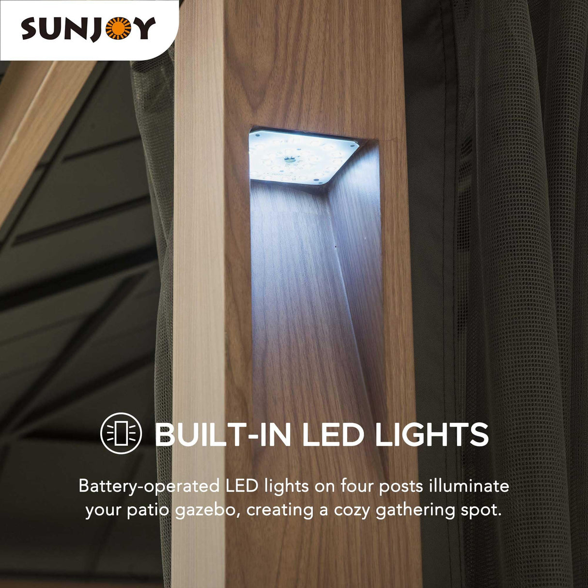 Sunjoy Hardtop Gazebo 10 x 12 ft. Outdoor Patio Gazebo with LED Lights (Batteries Operated), Remote Control and Netting, Black Sunjoy