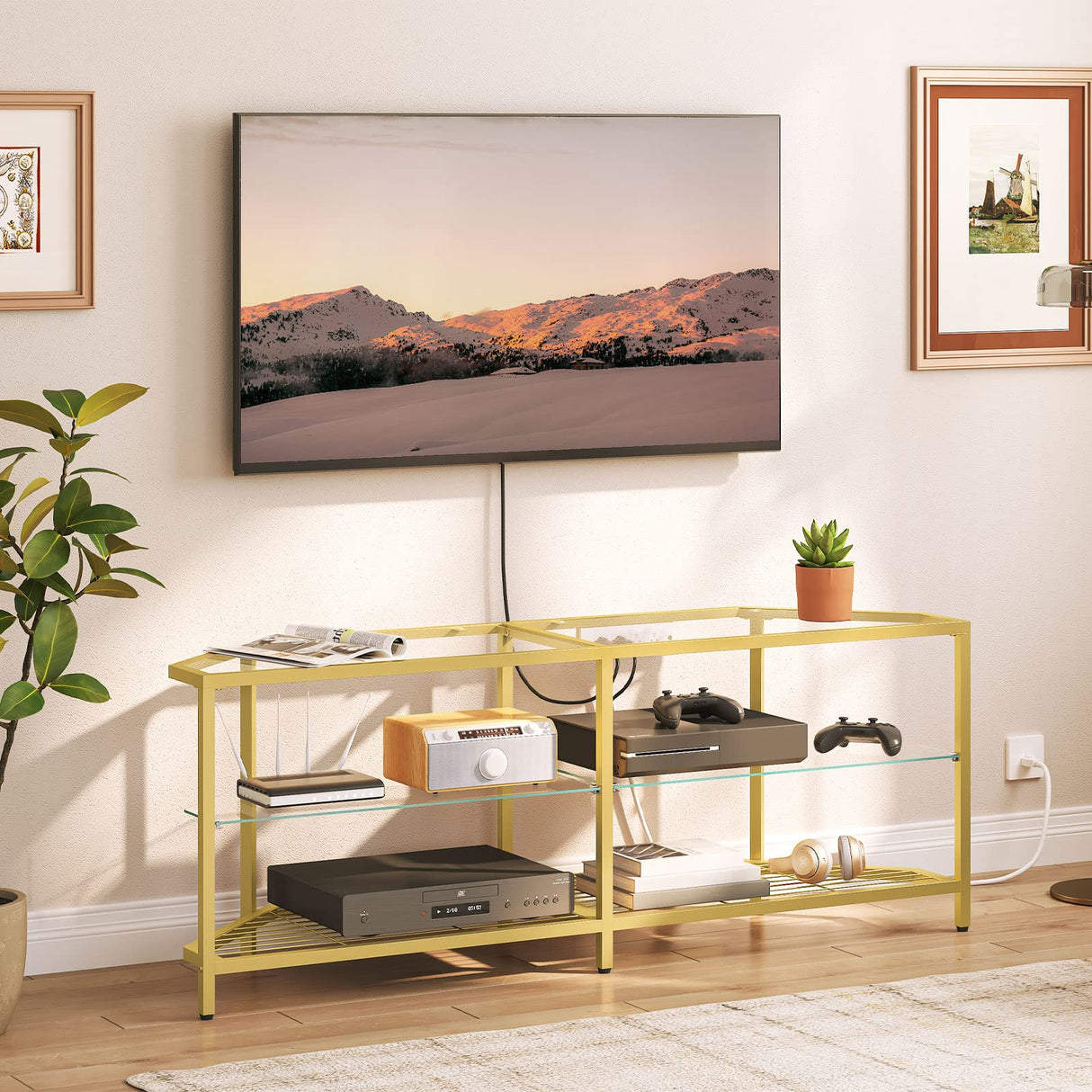 HOOBRO Corner TV Stand with Power Outlet for TVs up to 60", Modern 55" Corner TV Console Table with Open Shelves, Tempered Glass Media Entertainment Center for Living Room, Bedroom, Gold GD143UDS01 HOOBRO