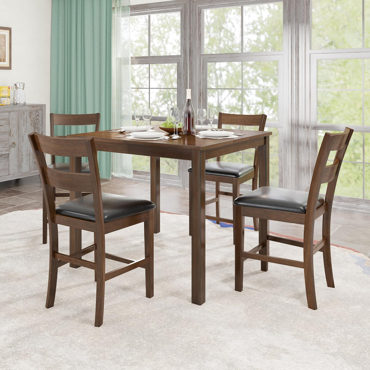 AMERLIFE Solid Wood 5-Piece Dining Table Set, Mid Century Modern Dining Set W/ 4 Chairs, Chairs with Curved Backrests & PU Cushioned, Space Saving, Black/Walnut AMERLIFE