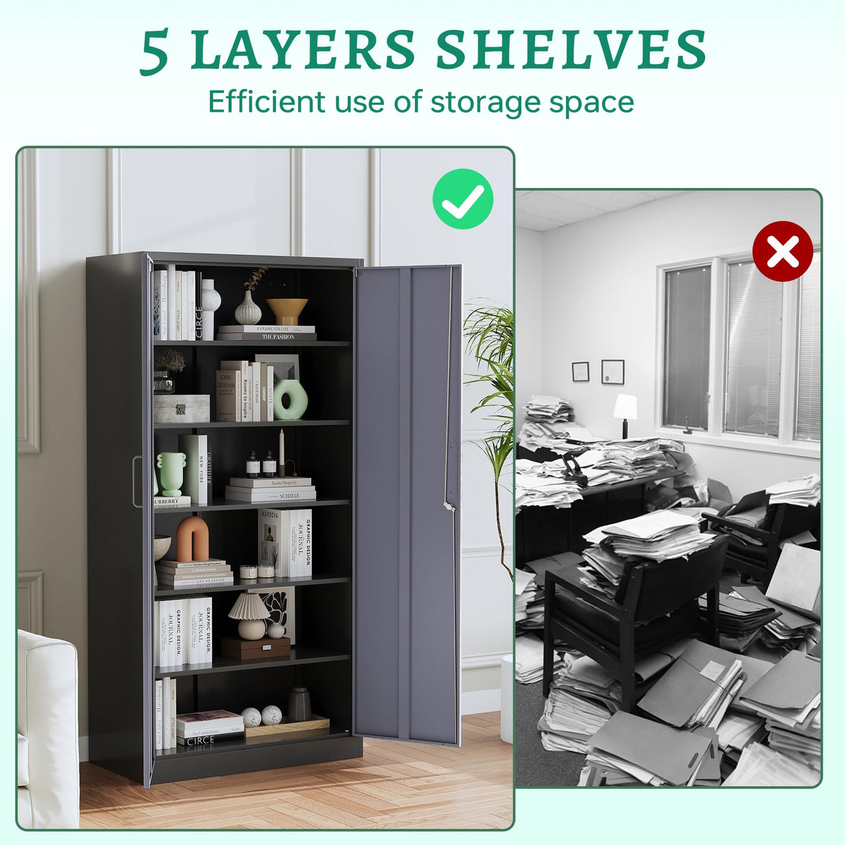 Letaya Metal Storage Cabinet with Lock Door and 5 Shelves,6 Tier Steel Garage Tool Cabinet for Home Office Utility Room 72" H X 36" W X18 D (Black gray) Letaya