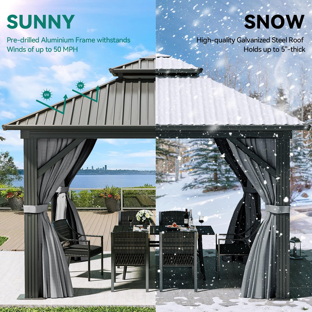 YITAHOME 10x10ft Gazebo Hardtop with Nettings and Curtains, Heavy Duty Double Roof Galvanized Steel Outdoor Combined of Vertical Stripes Roof for Patio, Backyard, Deck, Lawns, Gray YITAHOME