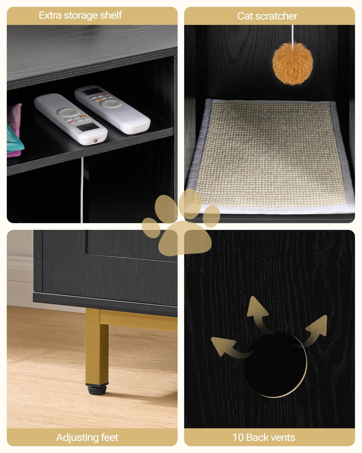 Hzuaneri Cat Litter Box Enclosure, Hidden Litter Box Furniture, Wooden Pet House Side End Table, Storage Cabinet Bench for Living Room, Bedroom, 55.2 x 20 x 23.9 inches, Black and Gold CB81504A Hzuaneri