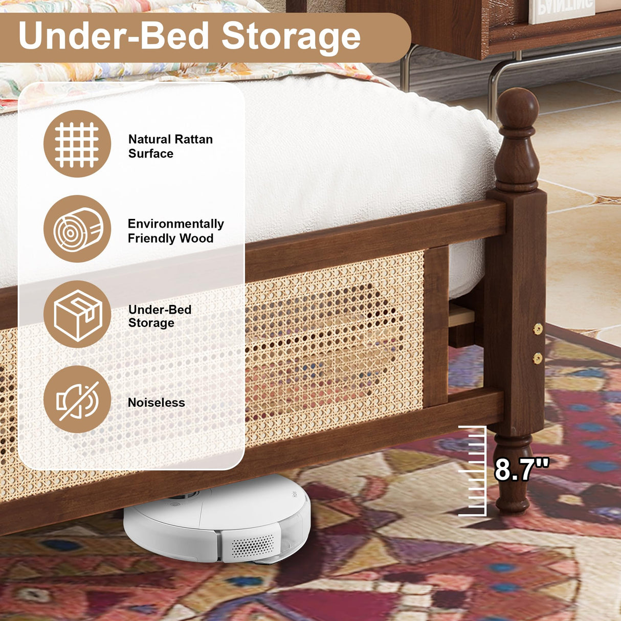 SmartEdge Queen Size Rattan Bed Frame, Wood Platform Bed with Rattan Headboard and Footboard, Antique Queen Boho Bed Frame with Storage Underneath, No Box Spring Needed, Walnut SmartEdge