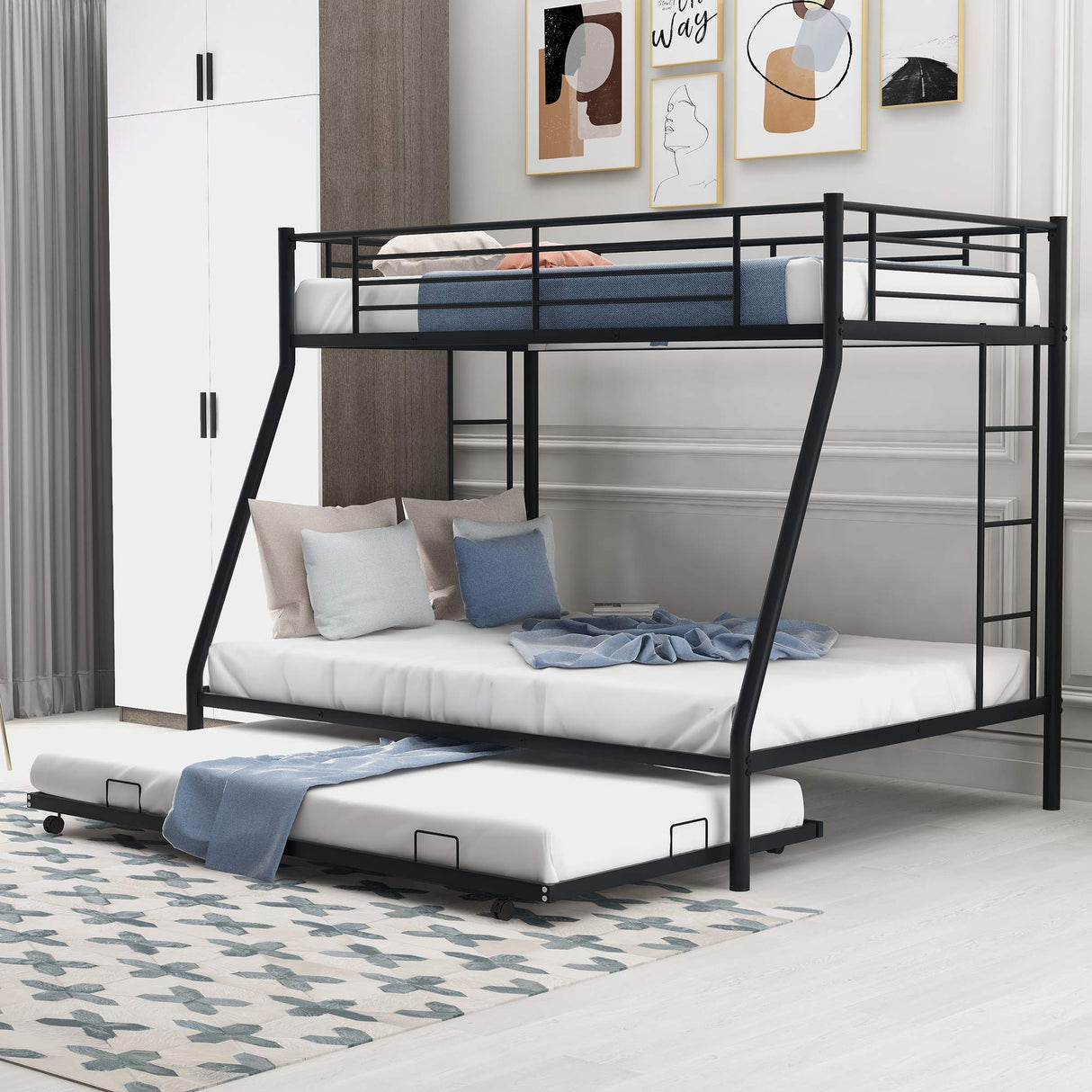 Twin Over Full Bunk Beds with Trundle, Metal Trundle Bed Frame with Safety Rails and Ladder for Bedroom, Black Flieks