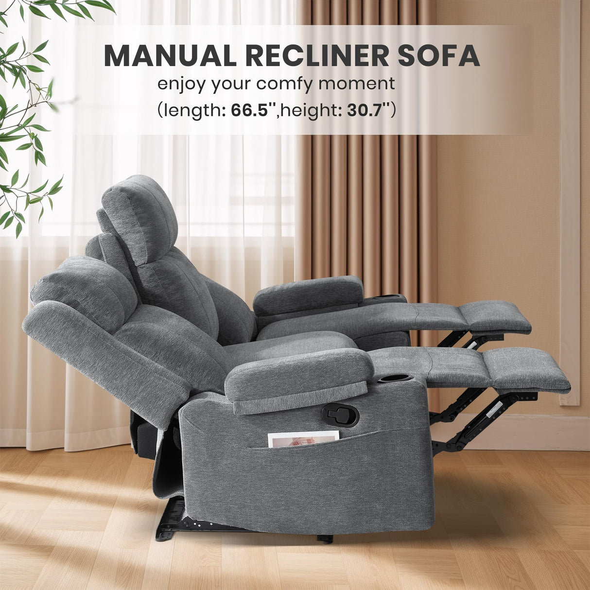 75'' Manual Reclining Sofa with Storage Drawer, 3 Seat Wall Hugger Recliner Couch with Cup Holders, Side Pockets, Chenille Fabric, Compact 3-Person Recliner for RV, Living Room, Apartment (Grey) LURVIA