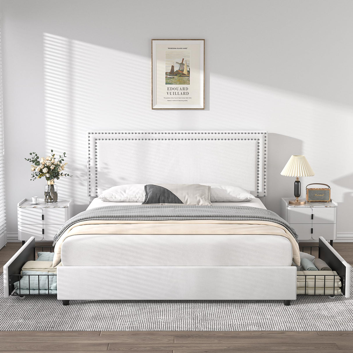 VECELO Full Size Upholstered Platform Bed Frame with 4 Storage Drawers, Adjustable Velvet Rivets Headboard, Wooden Slats Support, No Box Spring Needed, Easy Assembly VECELO