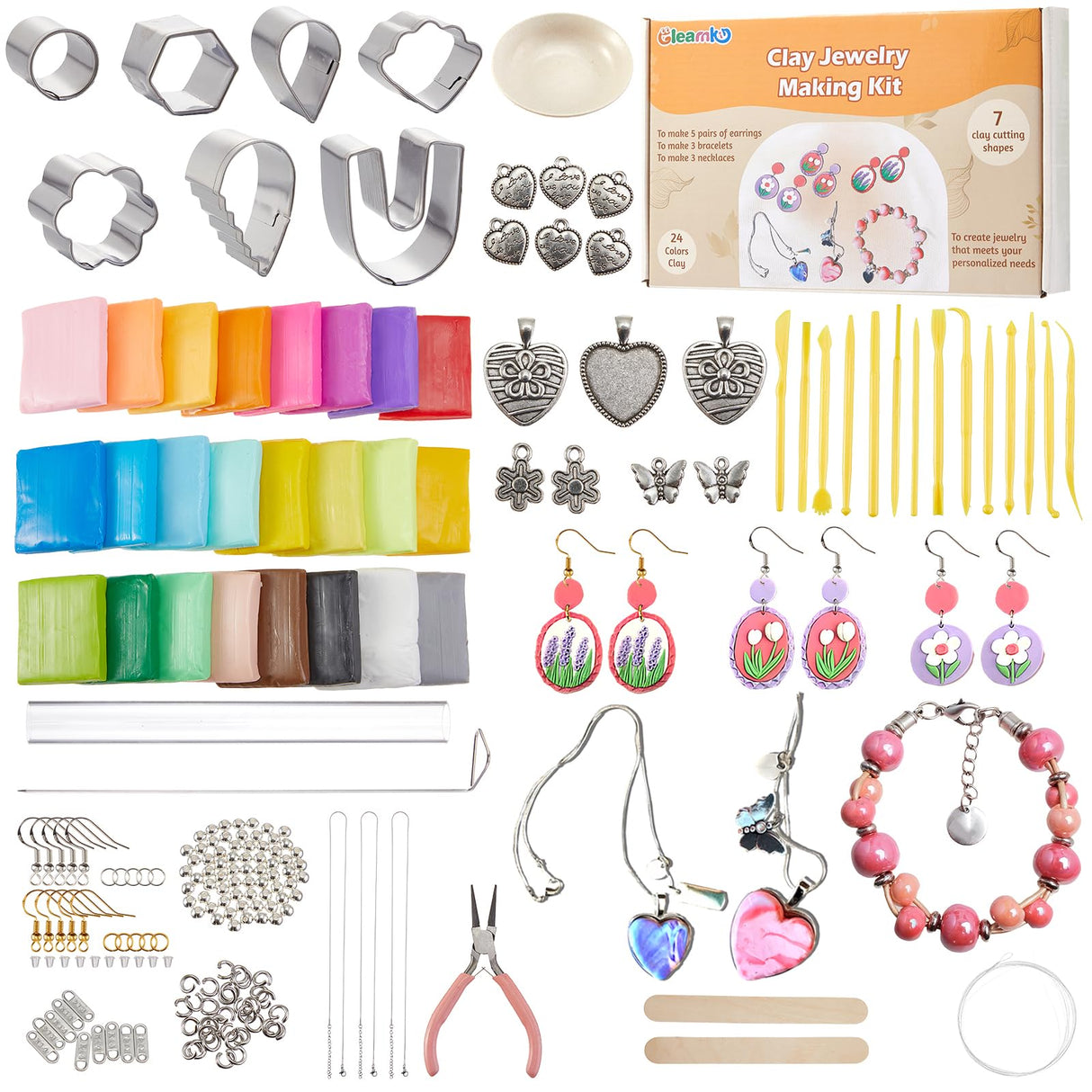 DIY Make Your Own Clay Jewelry Dish Craft Kit for Girls - Jewelry Dish Making Kit, w/24 Color Polymer Clay, 7 Circle Cutters, Rollers,212 pcs Earring Making Tools Arts and Crafts for Kids Ages 8+ Gleamkid