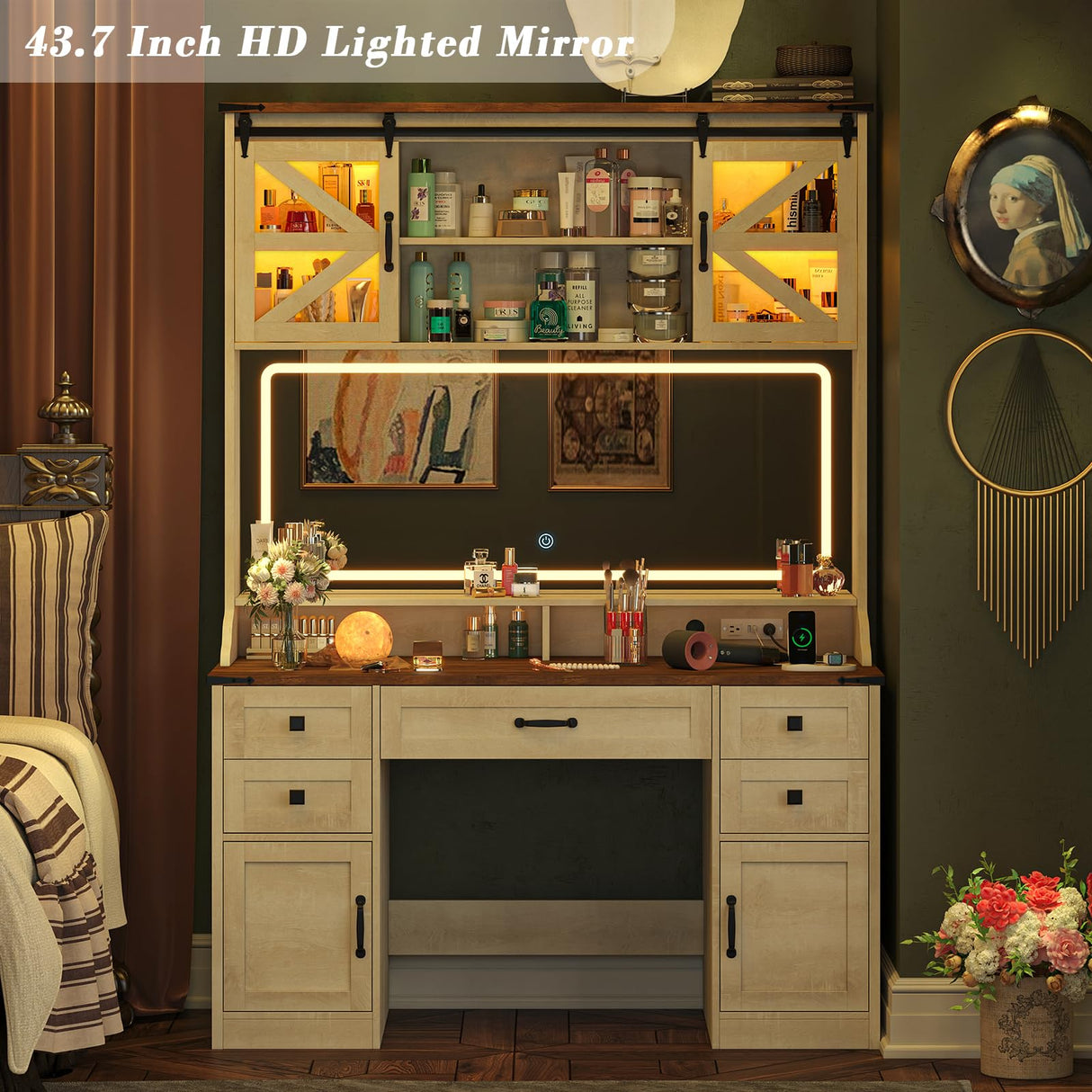 75.2" Farmhouse Vanity Desk with Mirror and Lights, Makeup Vanity Table with 5 Drawers & 2 Sliding RGB Door & Power Outlet, 3 Color Lighting Modes, Big Vanity for Bedroom, Antique White CSZZD