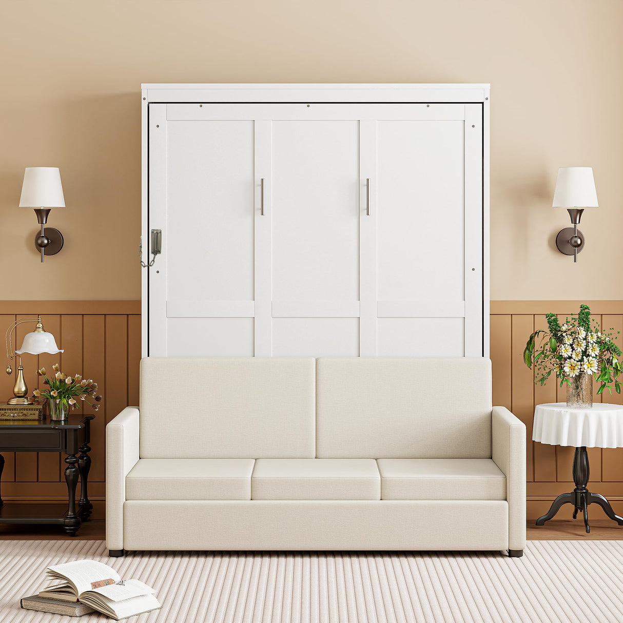 Ball & Cast Murphy Bed Full Size Wall Bed with Sofa,can be Folded,Multifunctional Wood Hideaway Cabinet Bed Frame,Slat Support,Save Space,for Apartment,Guest Room,White Ball & Cast