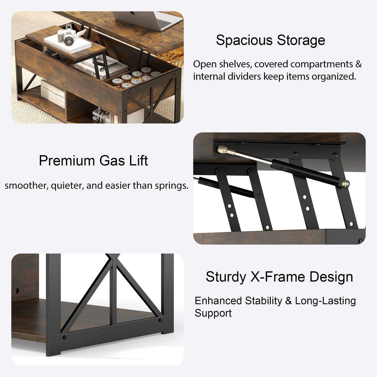 Manora Multi‑Functional Lift‑Top Coffee Table Convertible to Dining Table or Workstation for Living Room,Home Office, Compact Design with Hidden Storage, Brown Manora