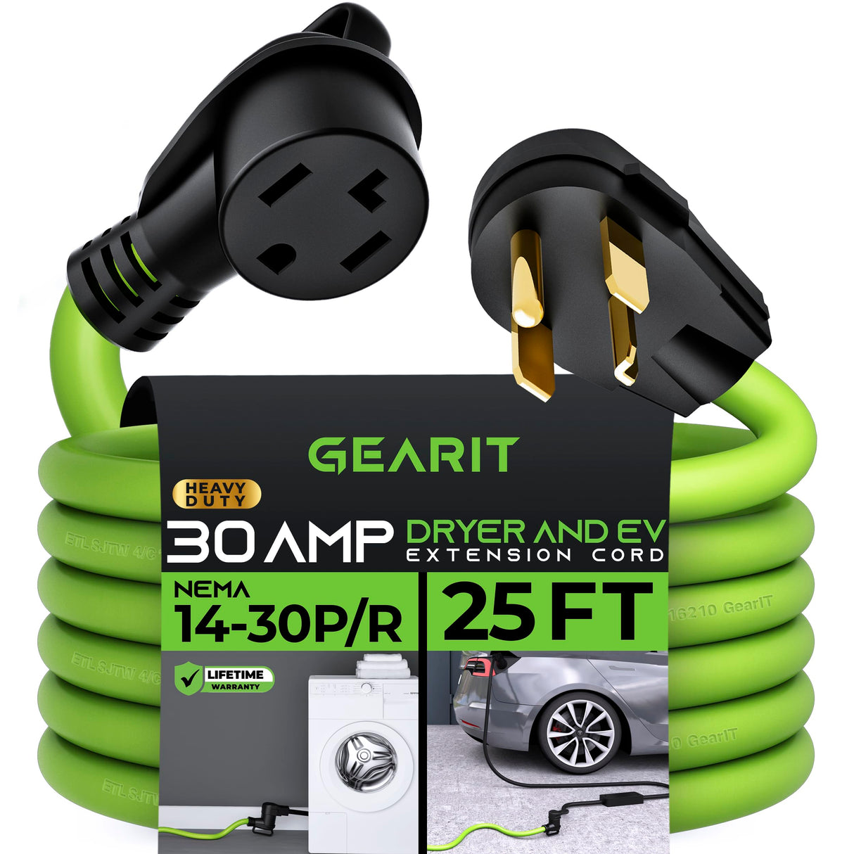 GEARit 30-Amp Extension Cord for Dryer and EV, 125/250-Volt, 4-Prong, Compatible with Tesla Model 3 Model Y Model X Model S, NEMA 14-30P to 14-30R, Level 2 EV Charging Cable STW 10AWG/4, 25 Ft, Green GearIT