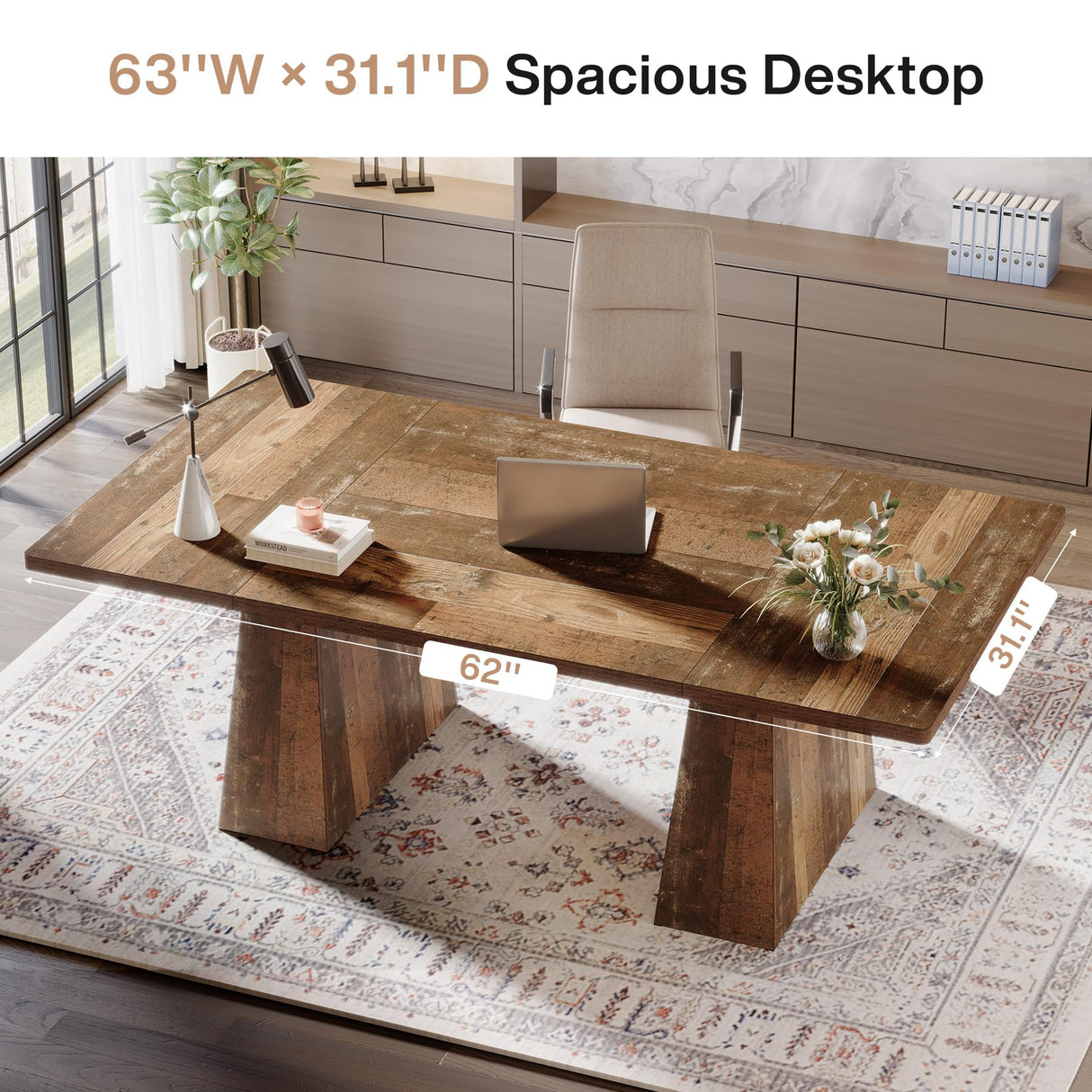 Tribesigns 63-Inch Executive Desk, Large Office Computer Desk with Double Pedestal, Modern Simple Workstations Writing Table Conference Table Business Furniture for Home Office, Espresso Brown Tribesigns