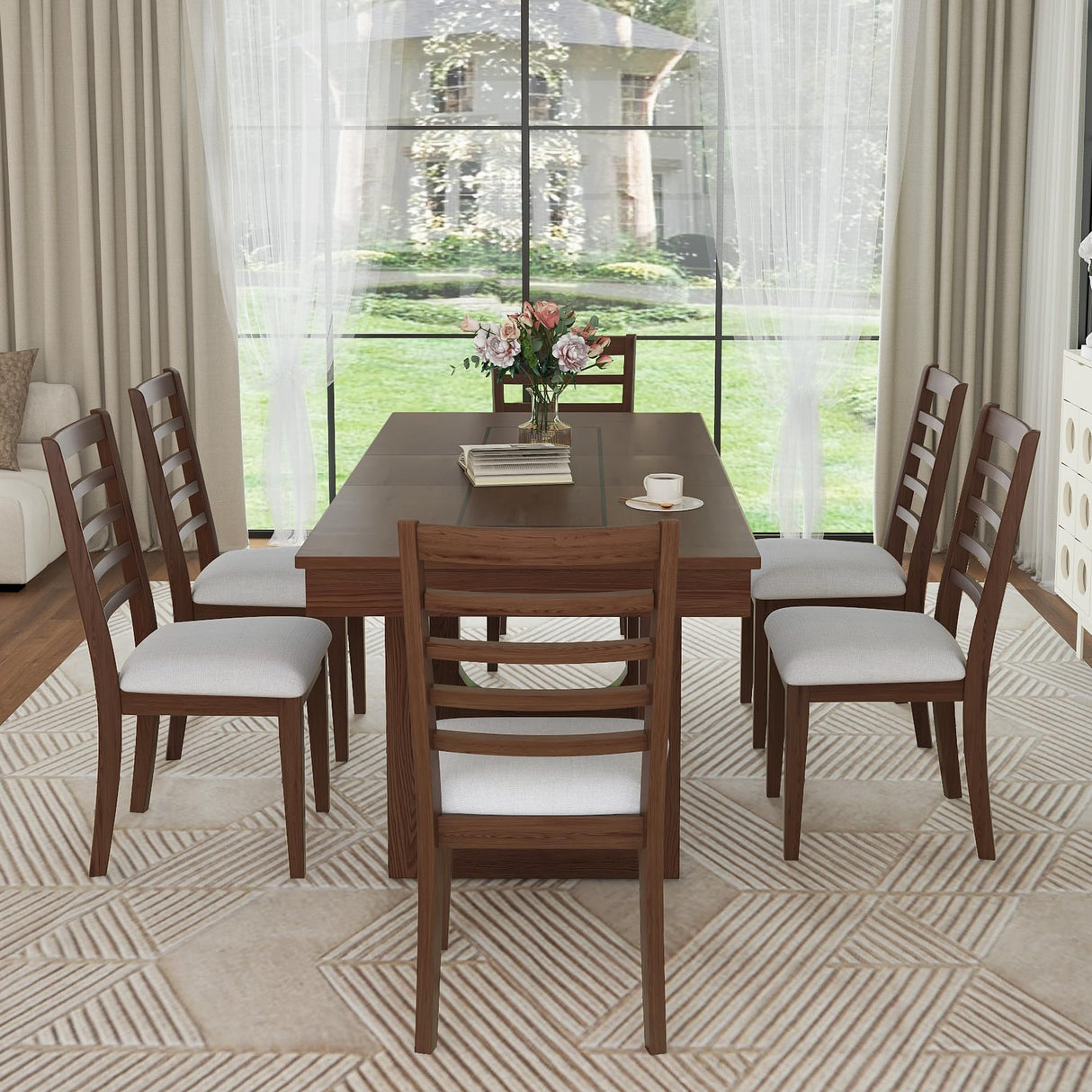 P PURLOVE 7 Piece Extendable Dining Table Set, Wooden Rustic Extendable Table with 18" Move Leaf and 6 Piece Upholstered Chairs for Dining Room, Kitchen (Brown) P PURLOVE