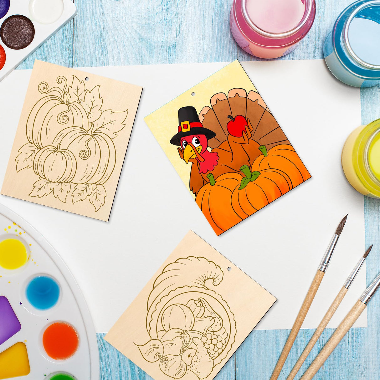 COCHIE 10PCS Large Thanksgiving Unfinished Wood Crafts to Paint for Adults Kids, Bulk Predrilled Wooden Ornaments for Painting, Pumpkin Scarecrow Paintable Wood Slices Craft Supplies with Ropes COCHIE