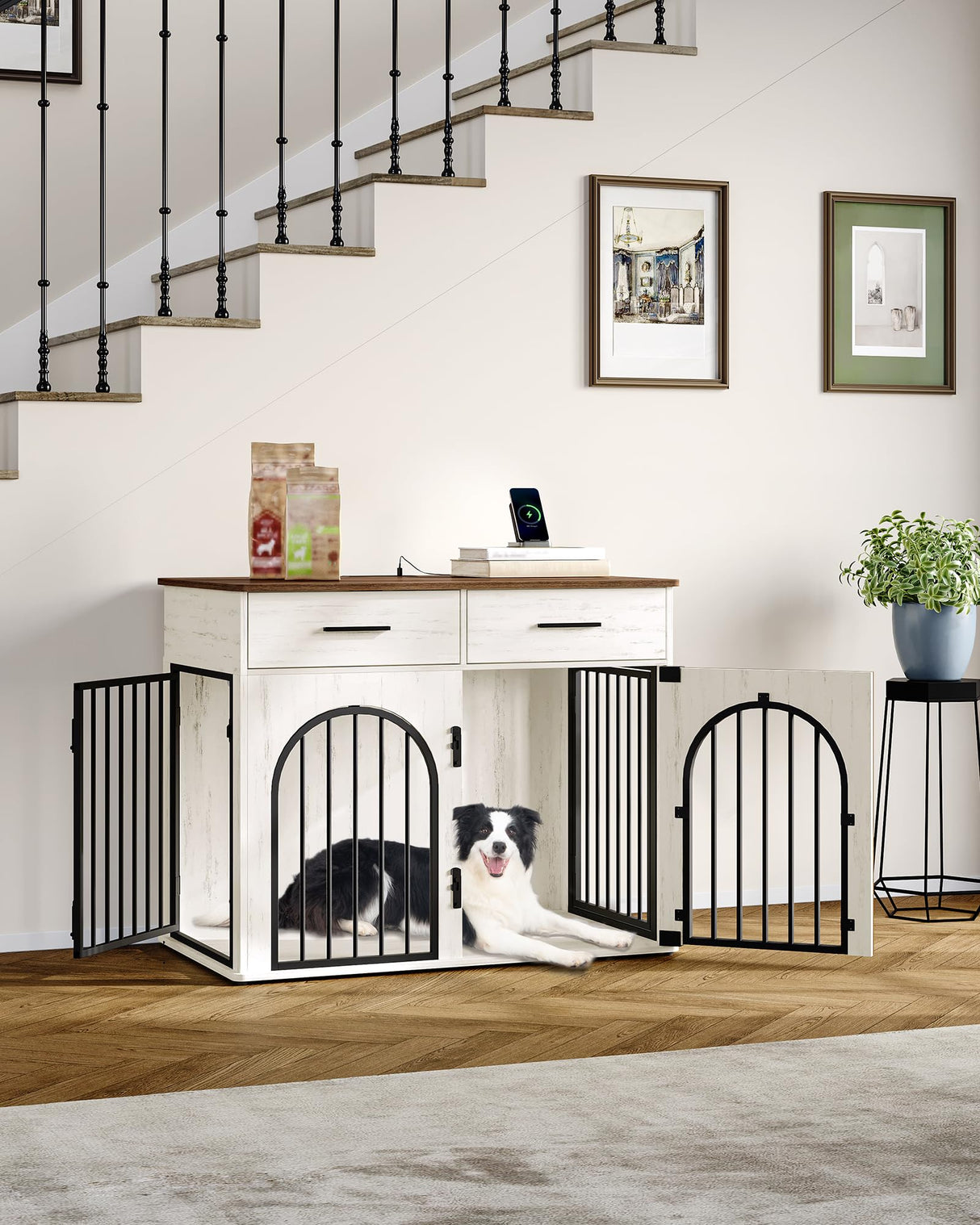 Hzuaneri 39.4'' Large Dog Crate Furniture with 2 Storage Drawers, Heavy Duty Dog Kennel Indoor with Charging Station, Wooden Dog Cage End Table Kennel for Medium/Large Dogs, White Brown DFC84214B Hzuaneri