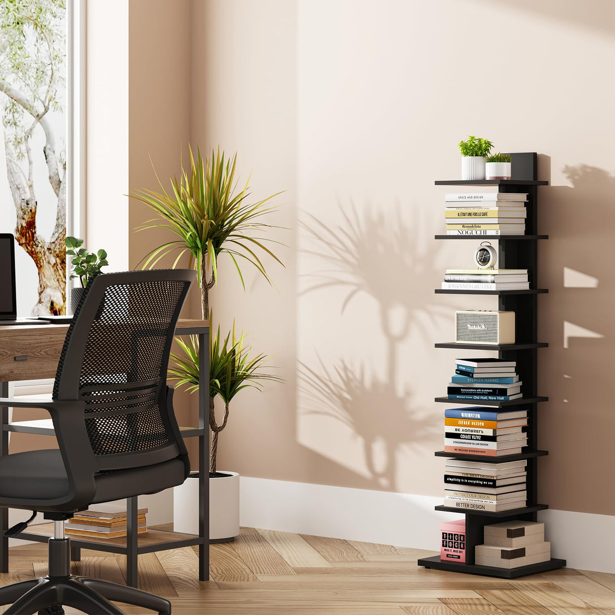 TUTOTAK Narrow Bookshelf, 8-Tier Bookcase, Spine Book Shelf for Small Space, Corner Standing Shelf for Living Room, Office, Study, Entryway, Black BS06BK008 TUTOTAK