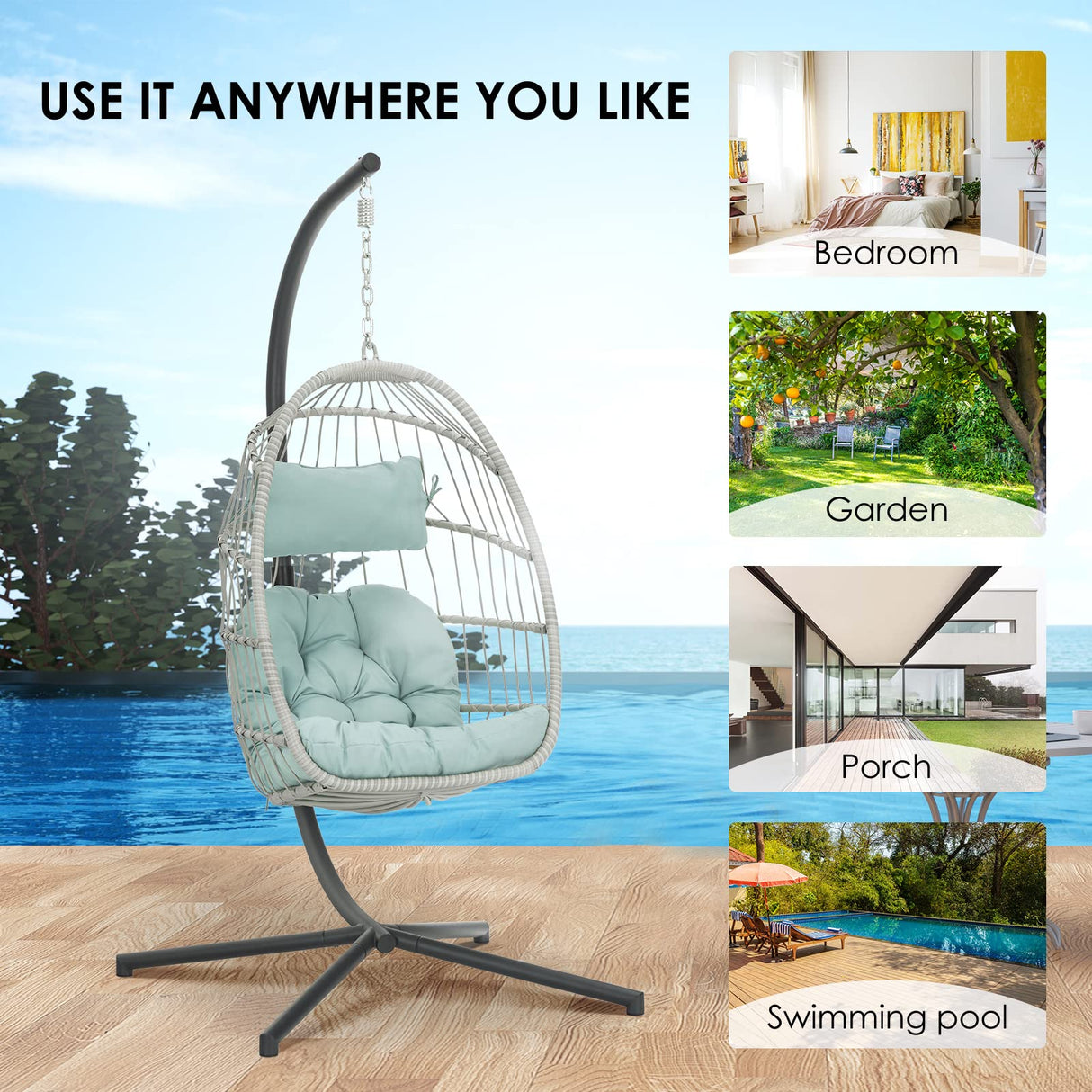 Egg Hanging Chair with Stand Hammock Egg Chair Indoor Outdoor, Wicker Rattan Hanging Swing Chair Basket Egg Chair Aluminum Steel Frame and UV Resistant Cushion for Bedroom Garden Backyard Light Blue XIAO WEI