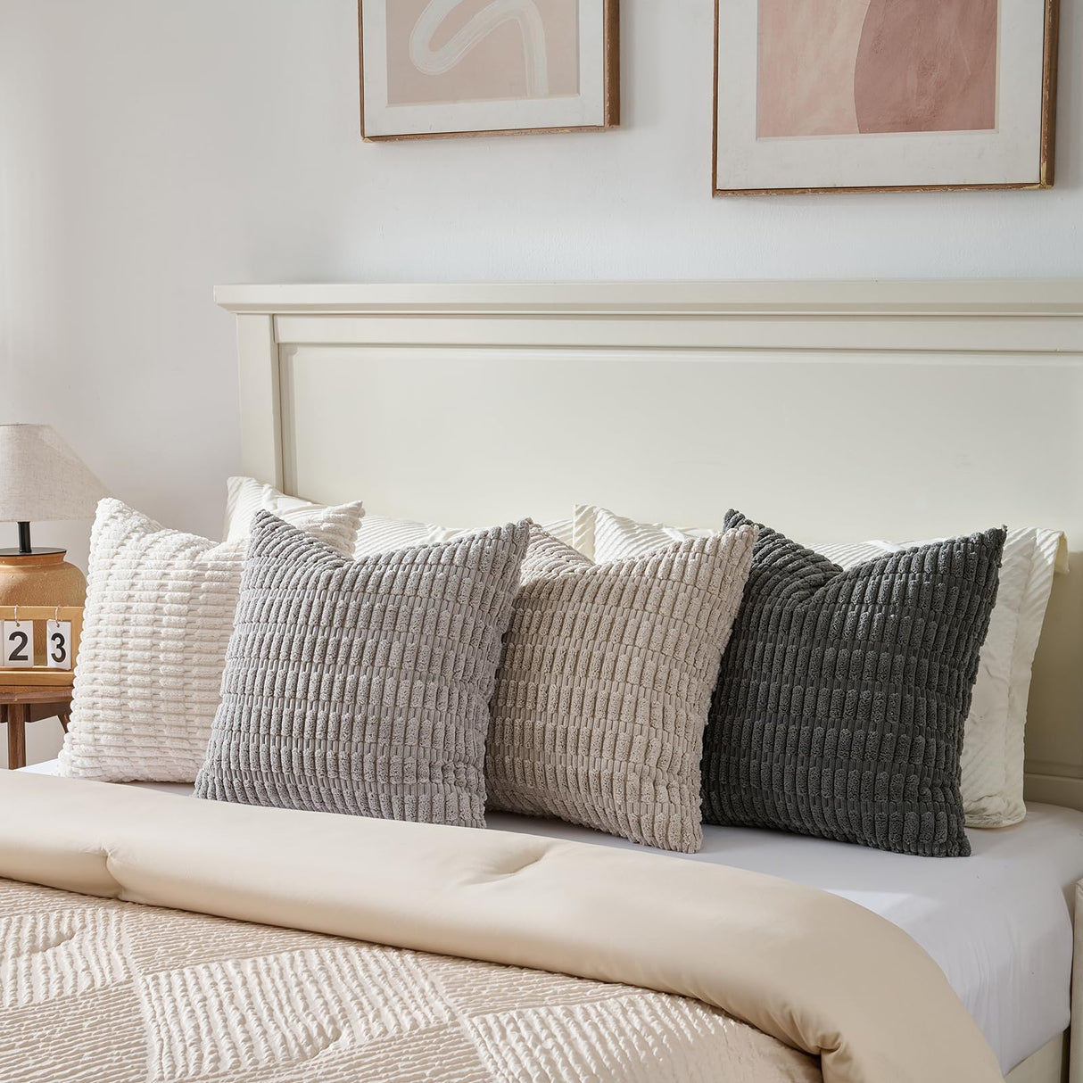 Fancy Homi Set of 4 Grey and White Decorative Throw Pillow Covers 18x18 Inch for Couch Bed Chair, Modern Farmhouse Boho Room Decor, Soft Fuzzy Double Sided Corduroy Textured Striped Cushion Case 45cm Fancy Homi