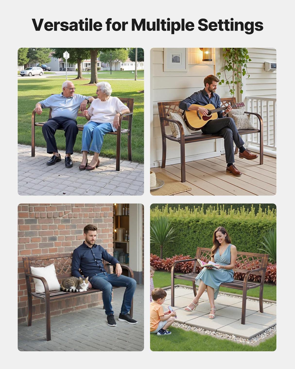 VEVOR Outdoor Bench, 46 inch, Carbon Steel Metal Frame with PVC Mesh Pattern Backrest and Round Edge Armrests, Weatherproof Outside Bench for Patio, Garden, Park, Yard, Front Porch, Antique Bronze VEVOR